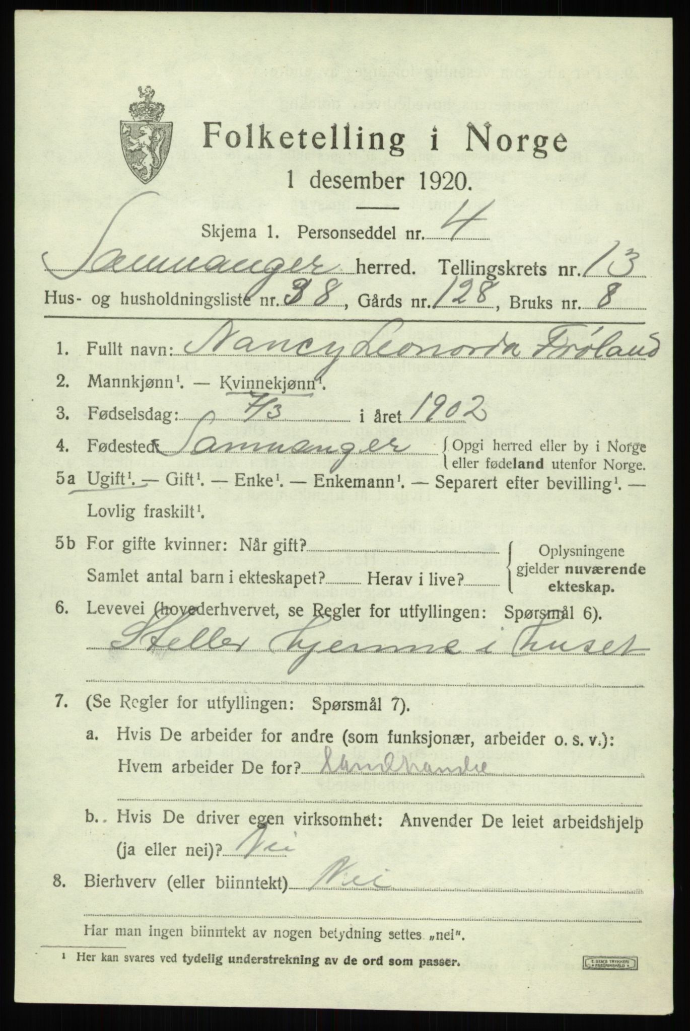 SAB, 1920 census for Samnanger, 1920, p. 5613