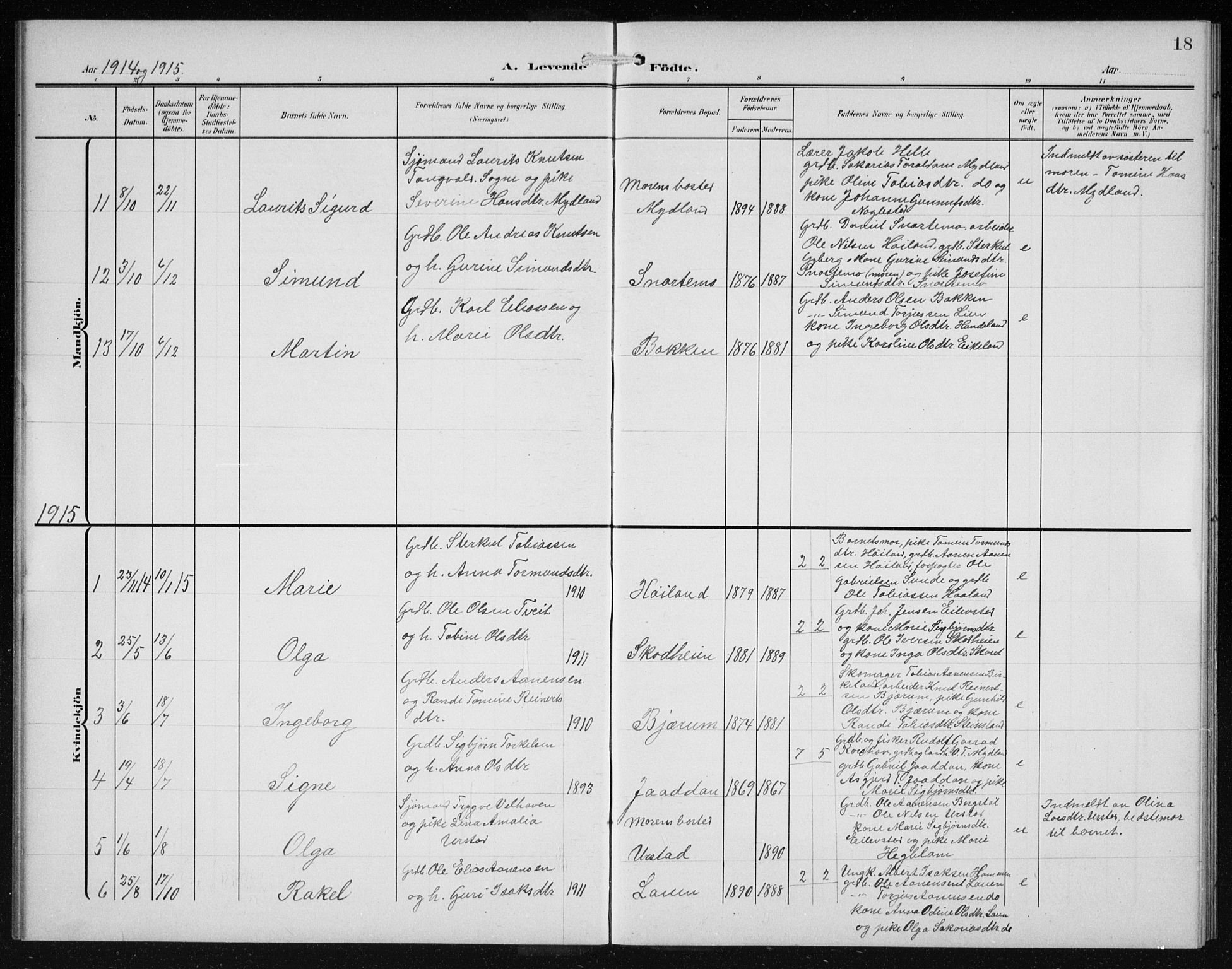Hægebostad sokneprestkontor, SAK/1111-0024/F/Fb/Fba/L0005: Parish register (copy) no. B 5, 1907-1931, p. 18