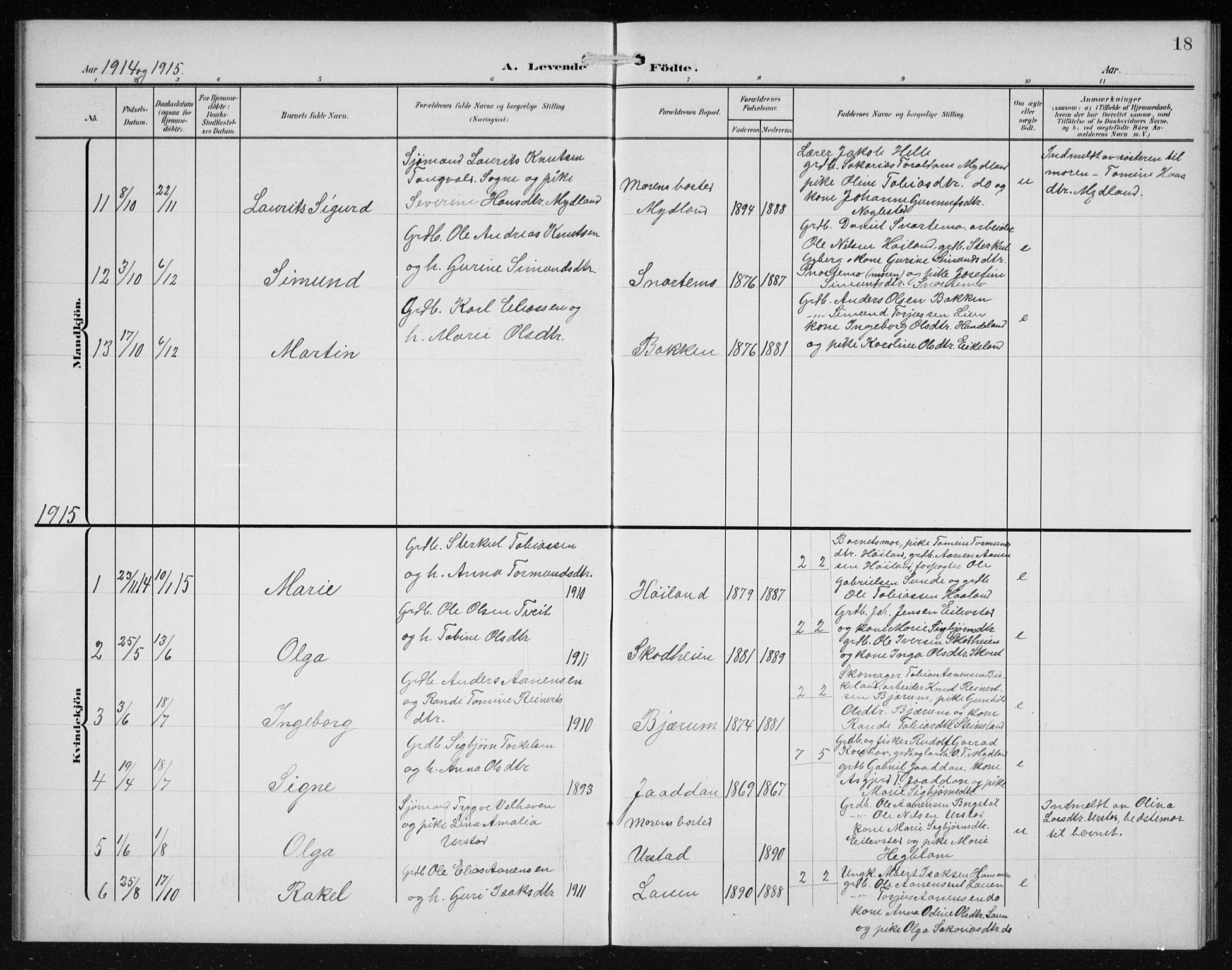 Hægebostad sokneprestkontor, AV/SAK-1111-0024/F/Fb/Fba/L0005: Parish register (copy) no. B 5, 1907-1931, p. 18