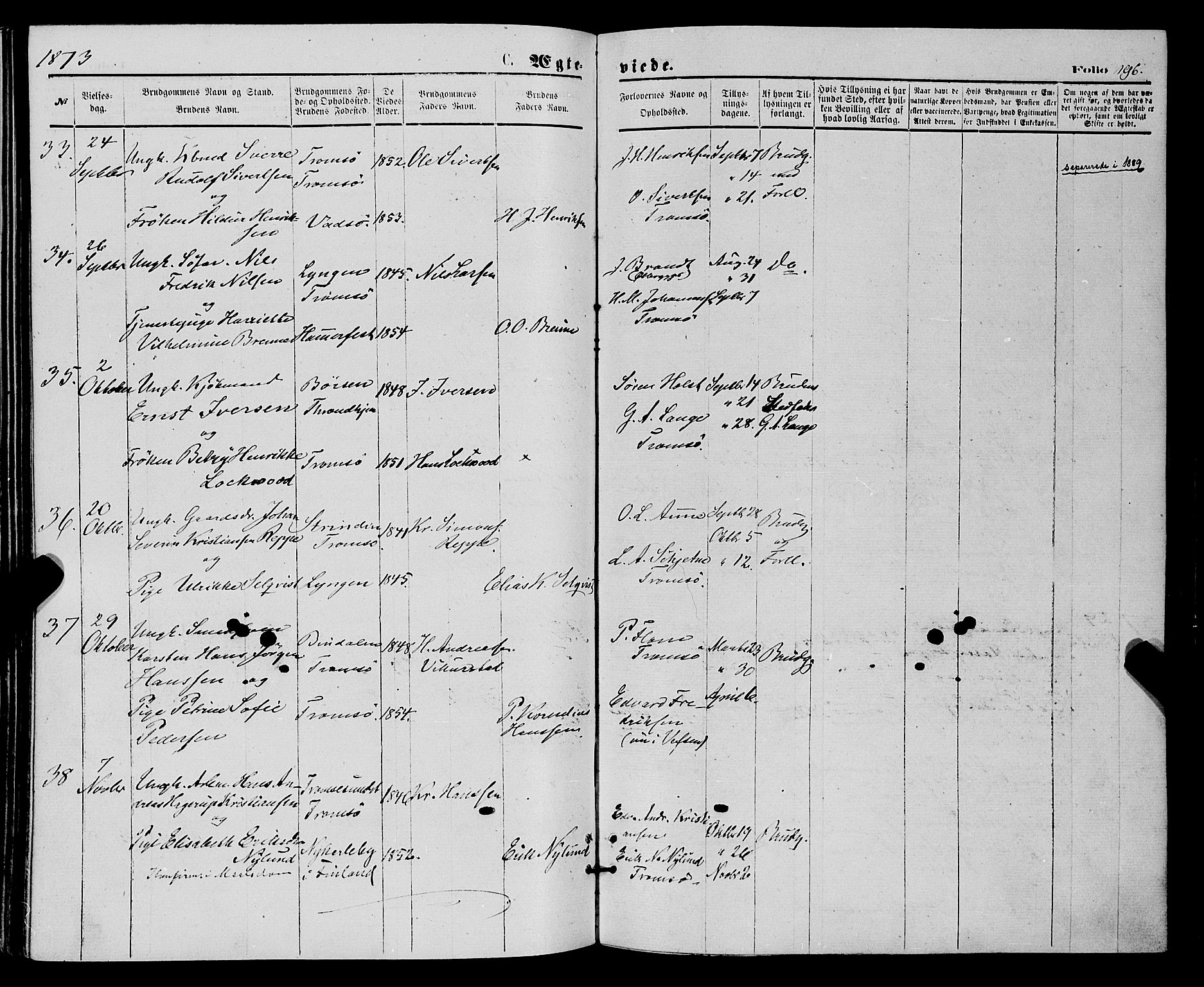 Tromsø sokneprestkontor/stiftsprosti/domprosti, AV/SATØ-S-1343/G/Ga/L0013kirke: Parish register (official) no. 13, 1872-1877, p. 196