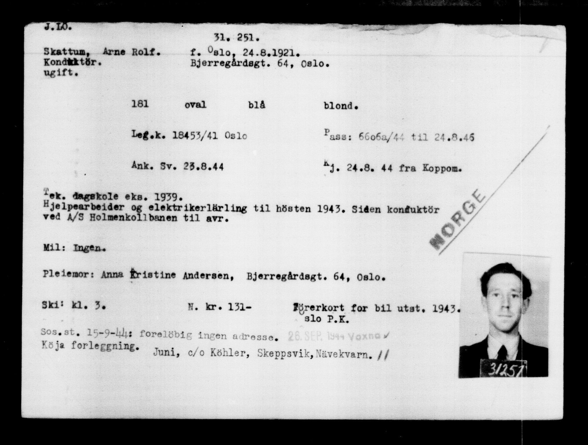 Utenriksstasjonene, Legasjonen i Stockholm, Flyktningkontoret, AV/RA-S-6753/V/Va/L0012: Kjesäterkartoteket, flyktninger med registreringsnr. 28300-31566, 1940-1945, p. 3195