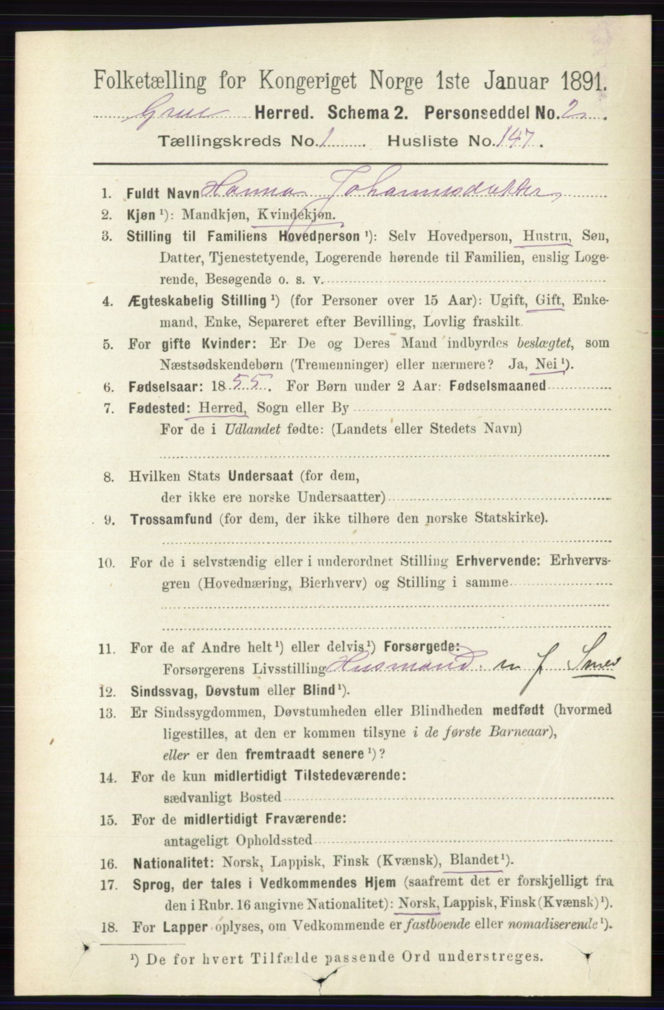 RA, 1891 census for 0423 Grue, 1891, p. 996