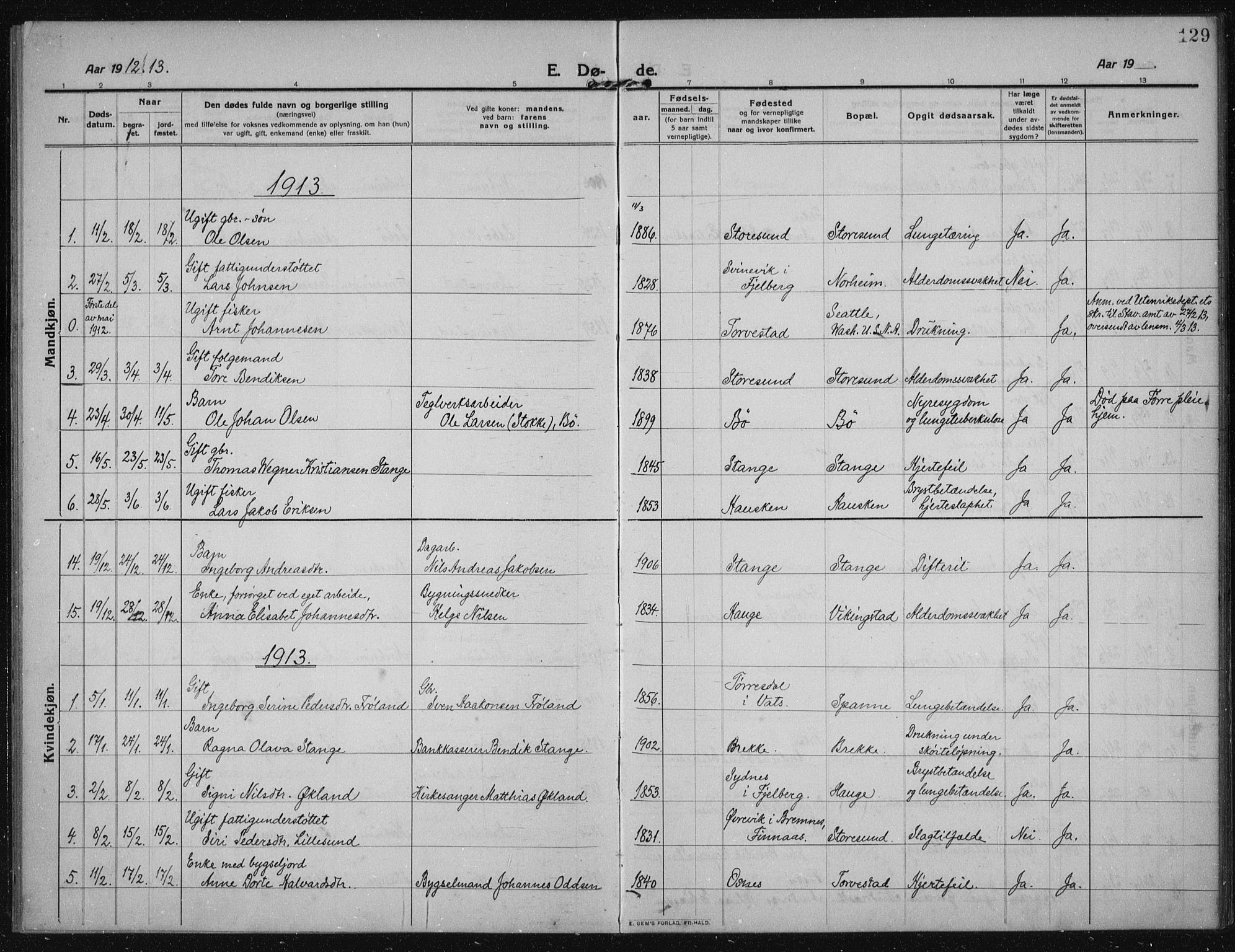 Torvastad sokneprestkontor, SAST/A -101857/H/Ha/Haa/L0019: Parish register (official) no. A 18, 1912-1920, p. 129
