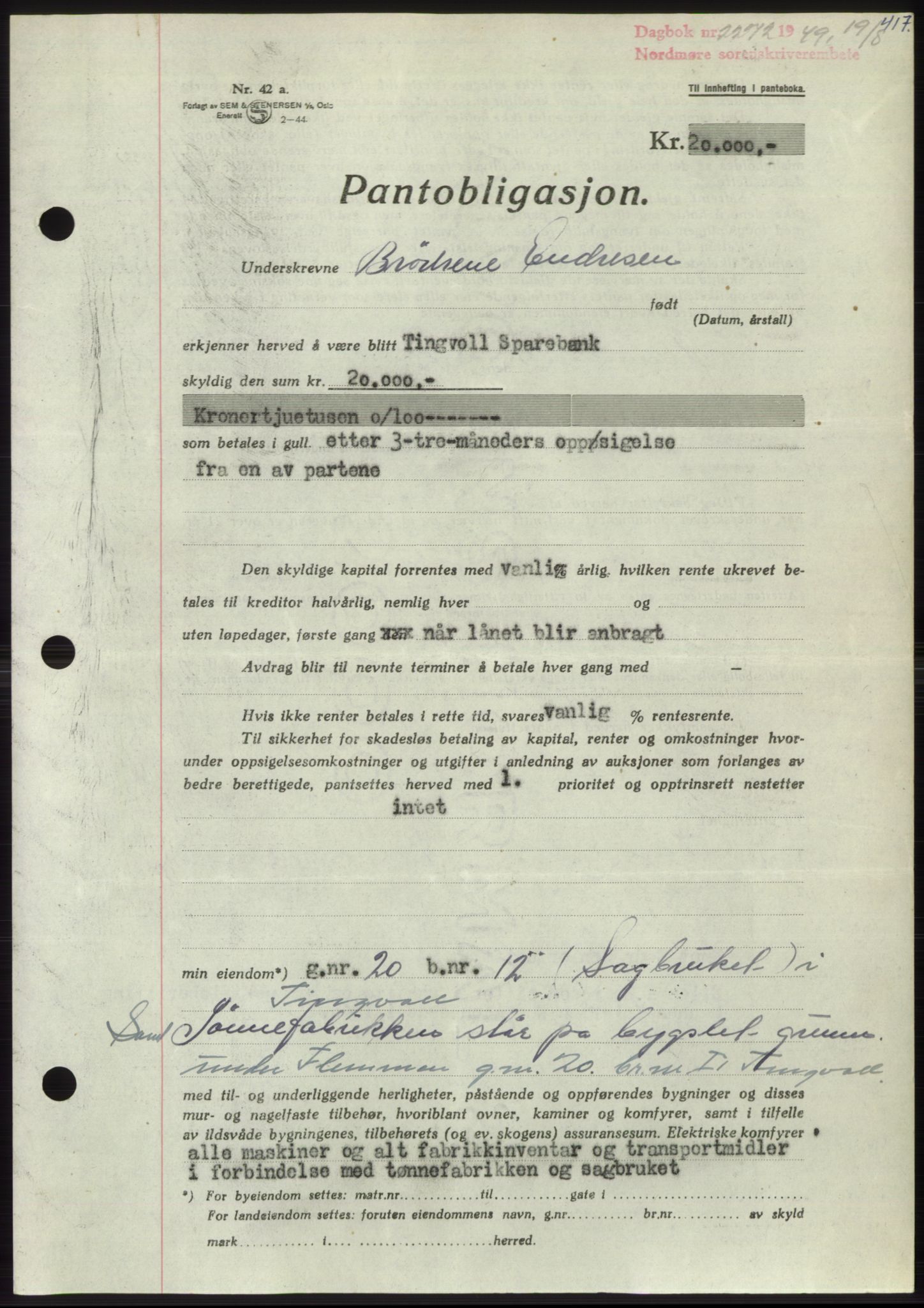 Nordmøre sorenskriveri, AV/SAT-A-4132/1/2/2Ca: Mortgage book no. B102, 1949-1949, Diary no: : 2272/1949