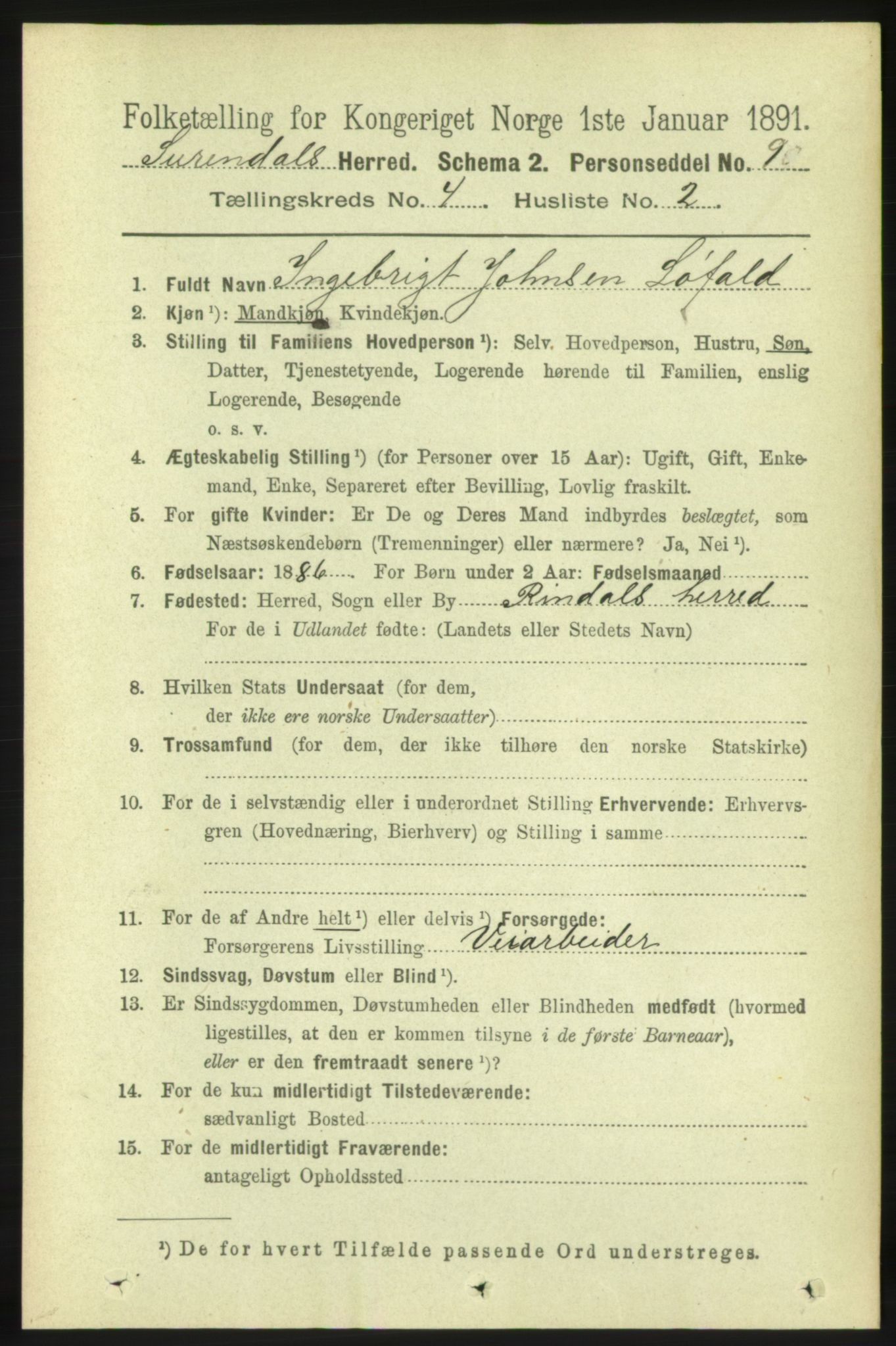 RA, 1891 census for 1566 Surnadal, 1891, p. 1073