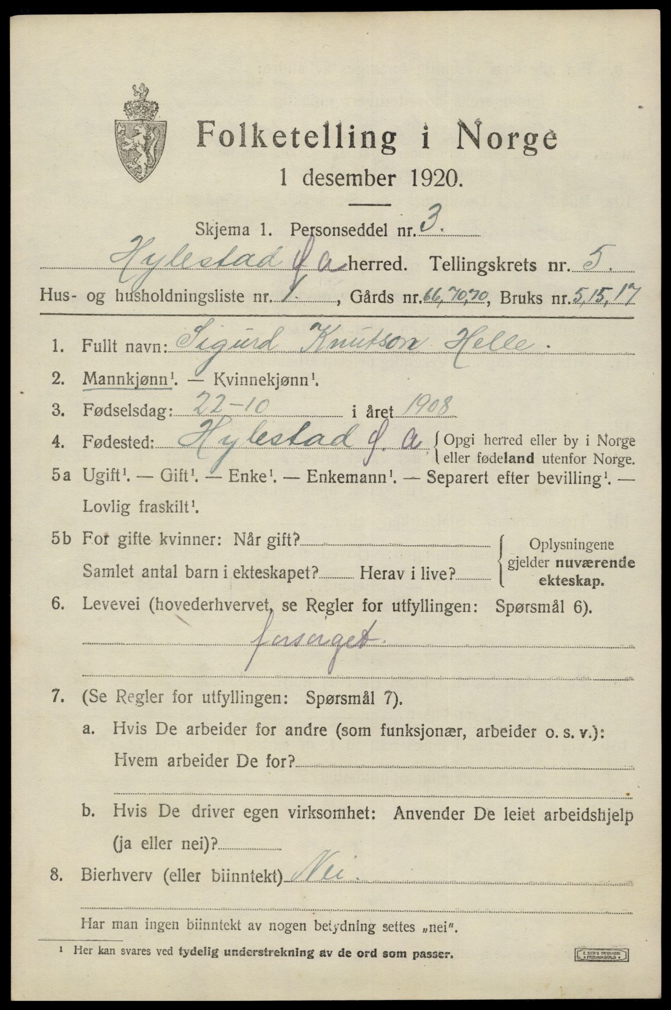 SAK, 1920 census for Hylestad, 1920, p. 1390