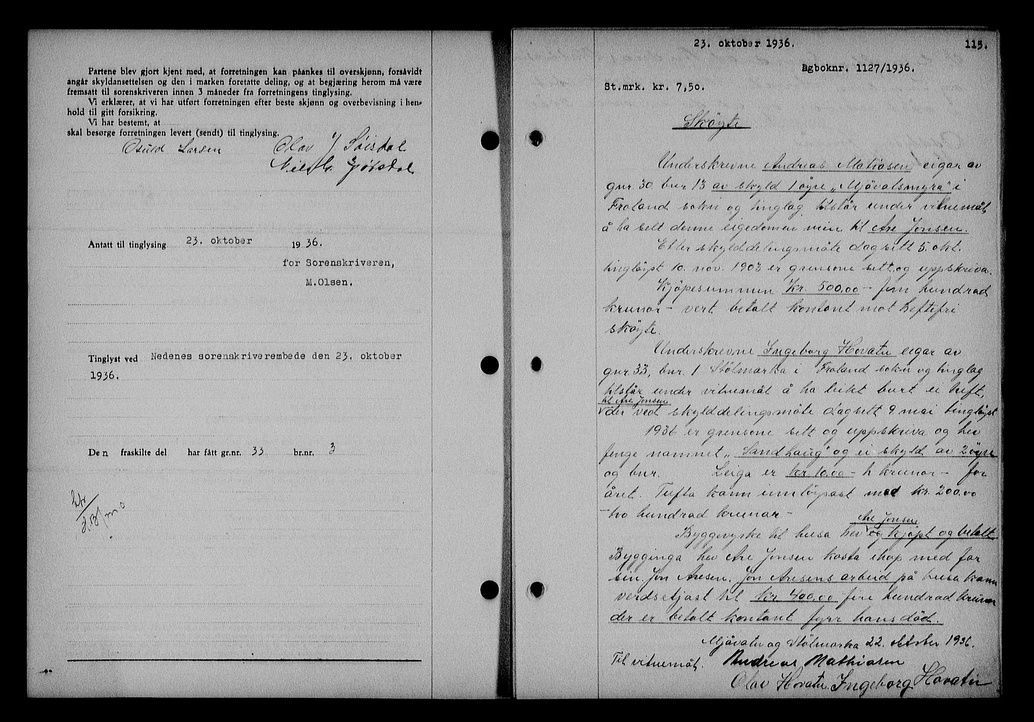 Nedenes sorenskriveri, AV/SAK-1221-0006/G/Gb/Gba/L0043: Mortgage book no. 39, 1936-1937, Diary no: : 1127/1936