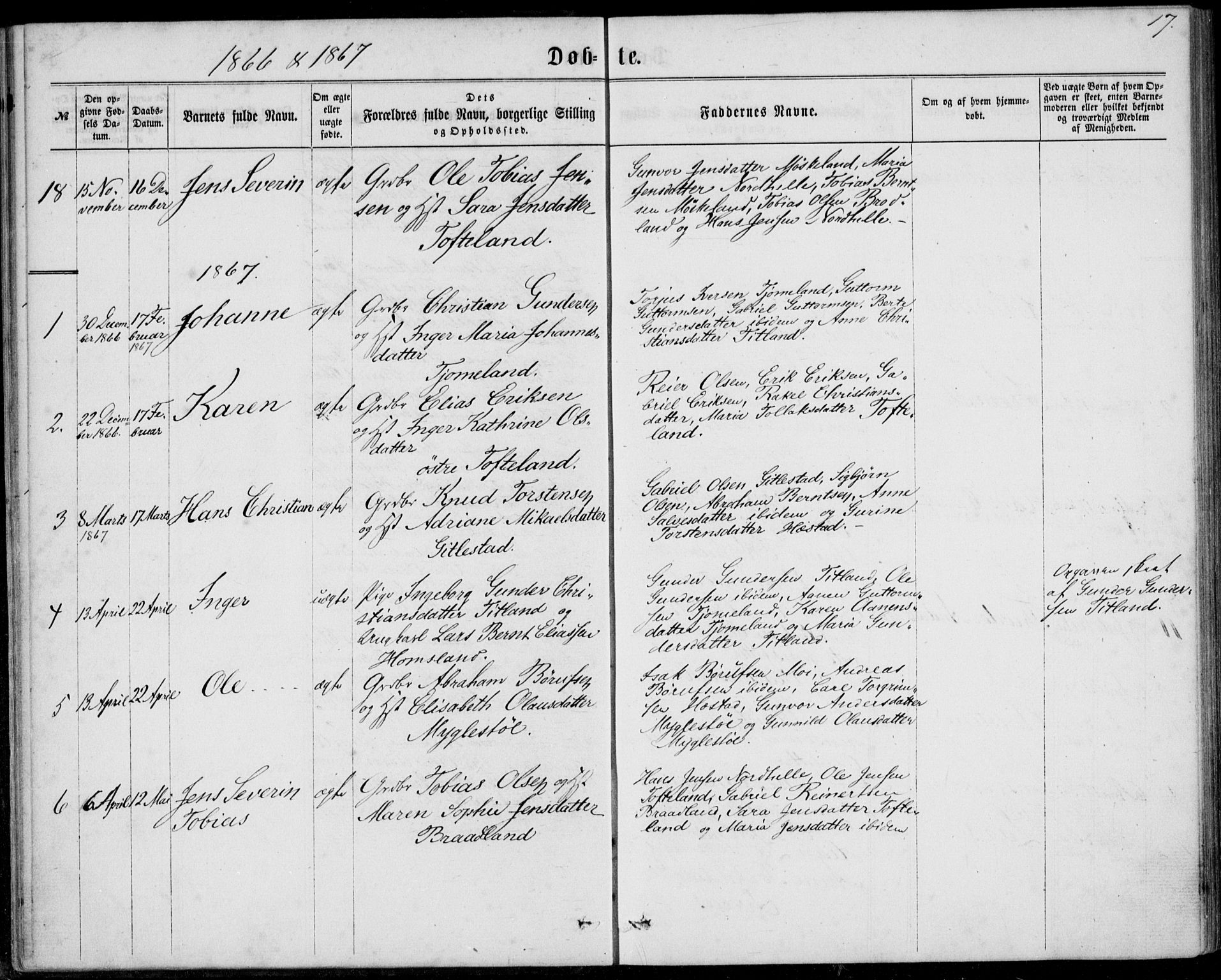 Lyngdal sokneprestkontor, SAK/1111-0029/F/Fa/Fab/L0002: Parish register (official) no. A 2, 1861-1878, p. 17