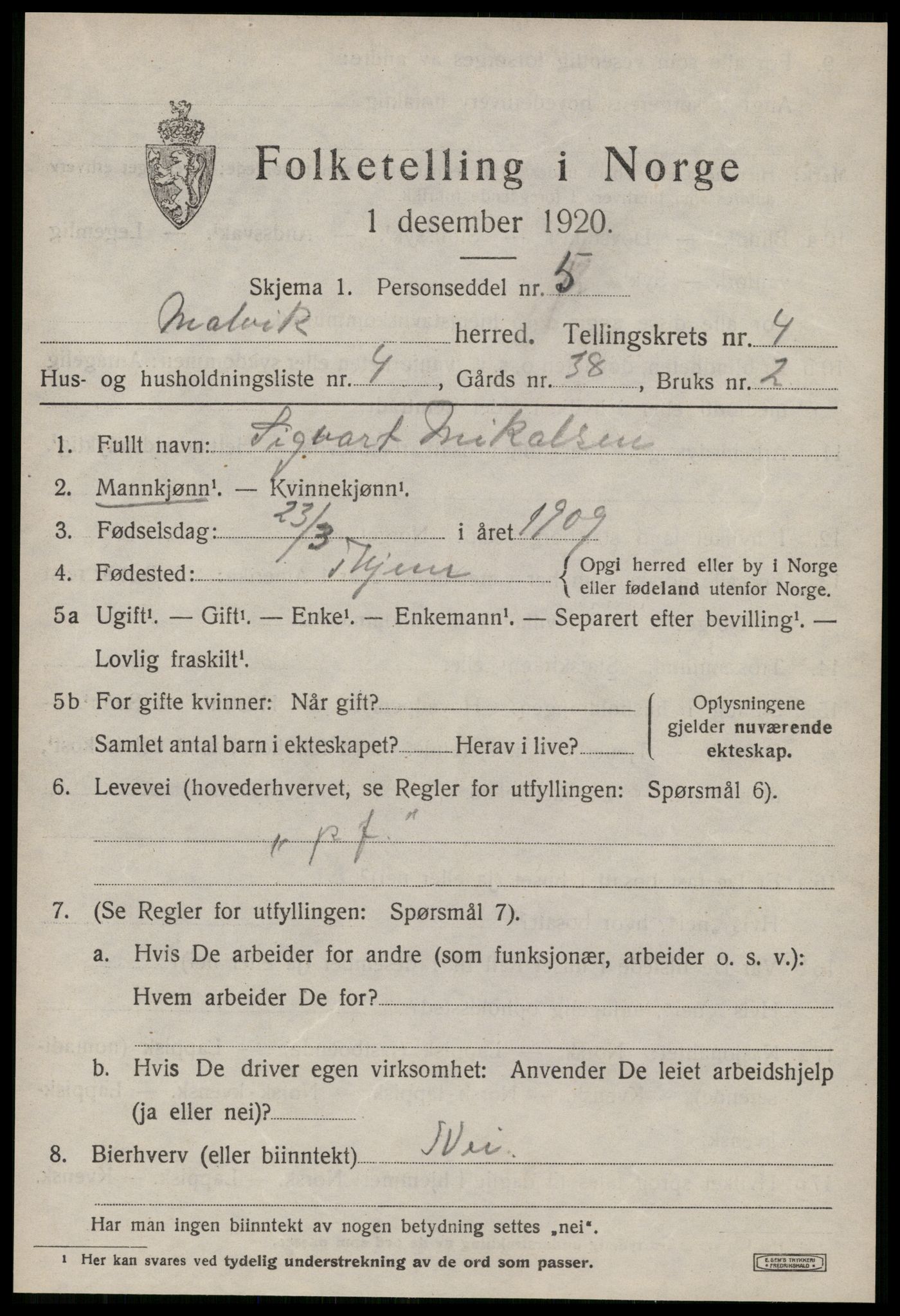 SAT, 1920 census for Malvik, 1920, p. 2630