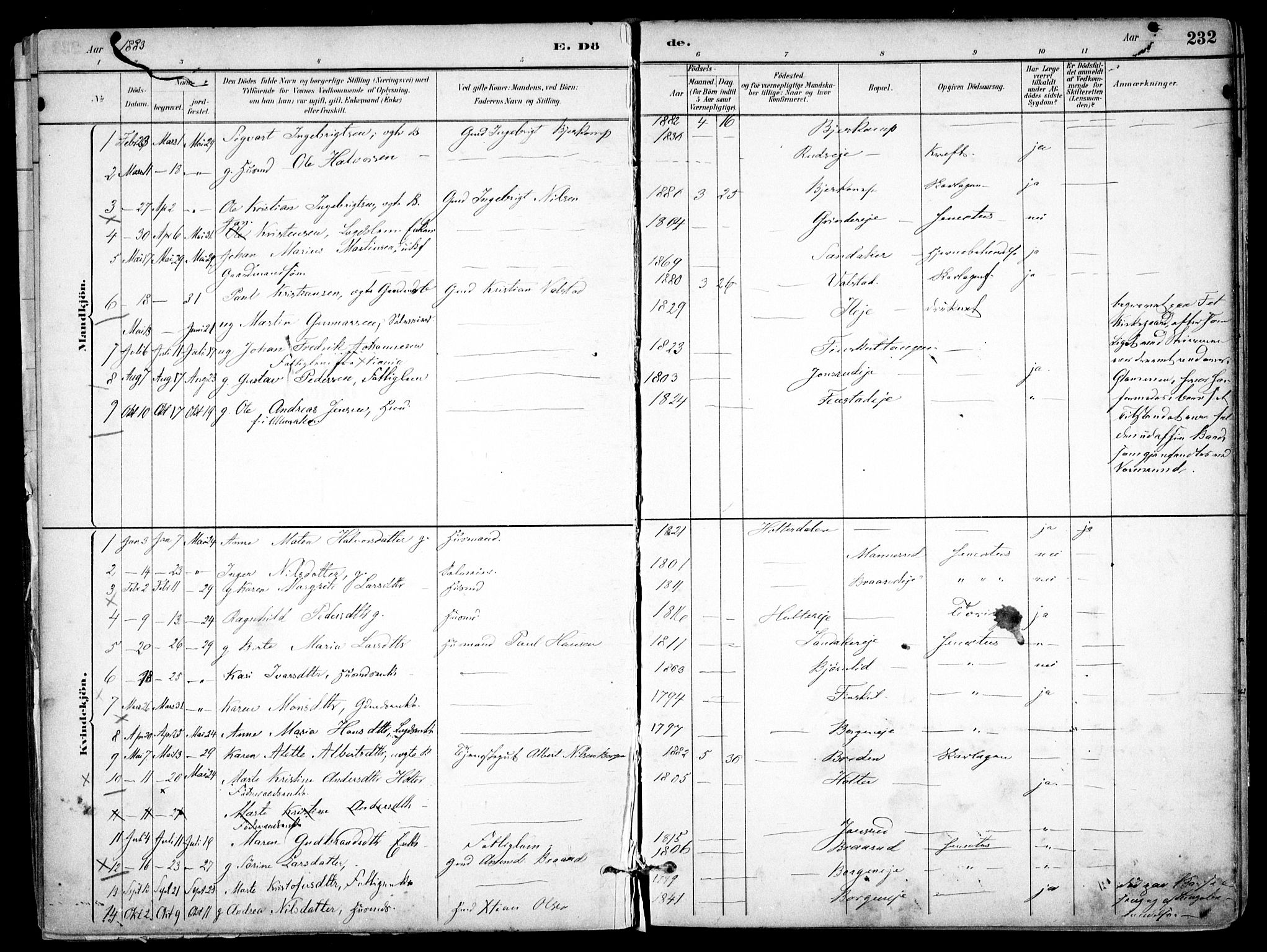 Nes prestekontor Kirkebøker, SAO/A-10410/F/Fb/L0002: Parish register (official) no. II 2, 1883-1918, p. 232