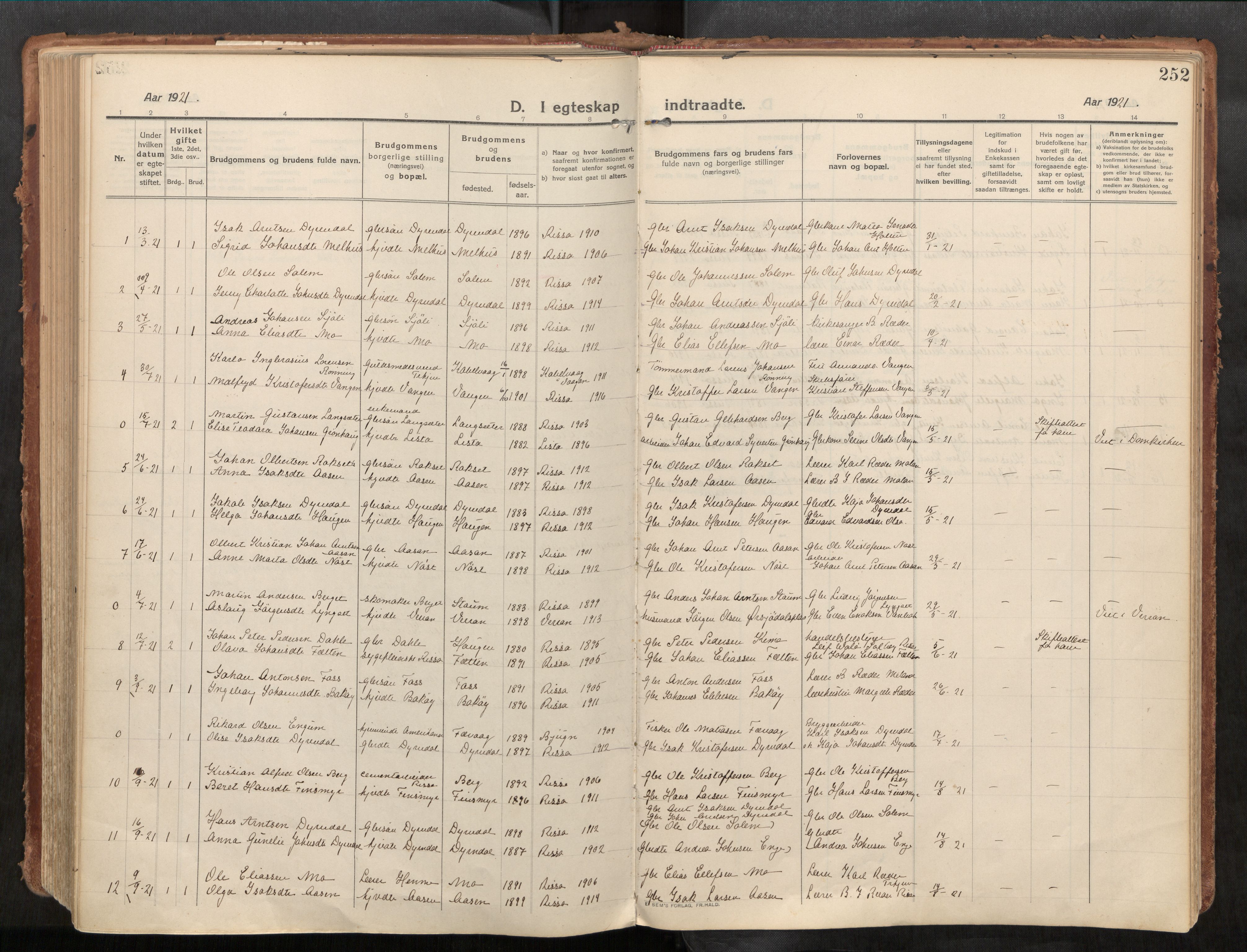 Stadsbygd sokneprestkontor, AV/SAT-A-1117/1/I/I1/I1a/L0001: Parish register (official) no. 1, 1911-1929, p. 252