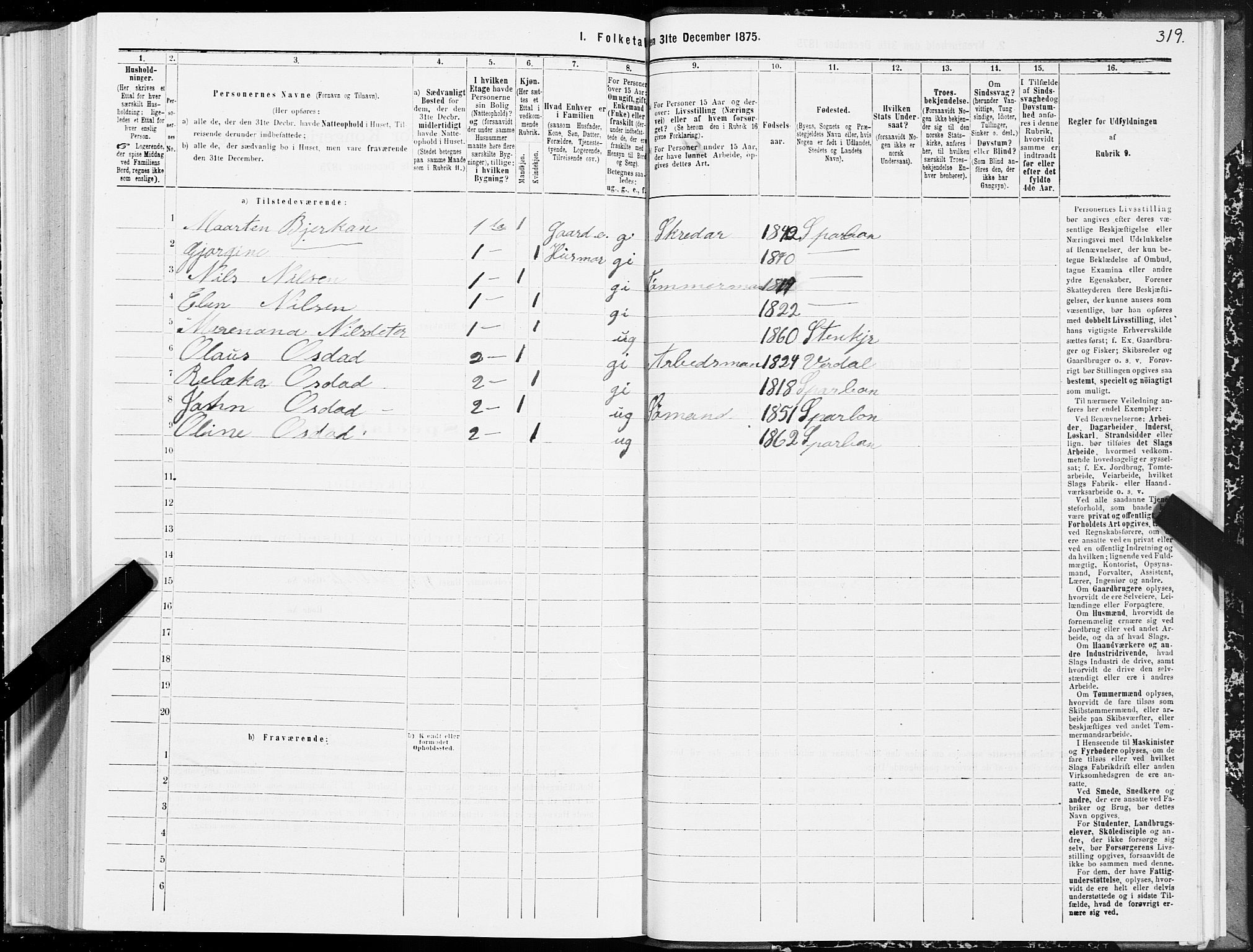 SAT, 1875 census for 1702B Steinkjer/Steinkjer, 1875, p. 319