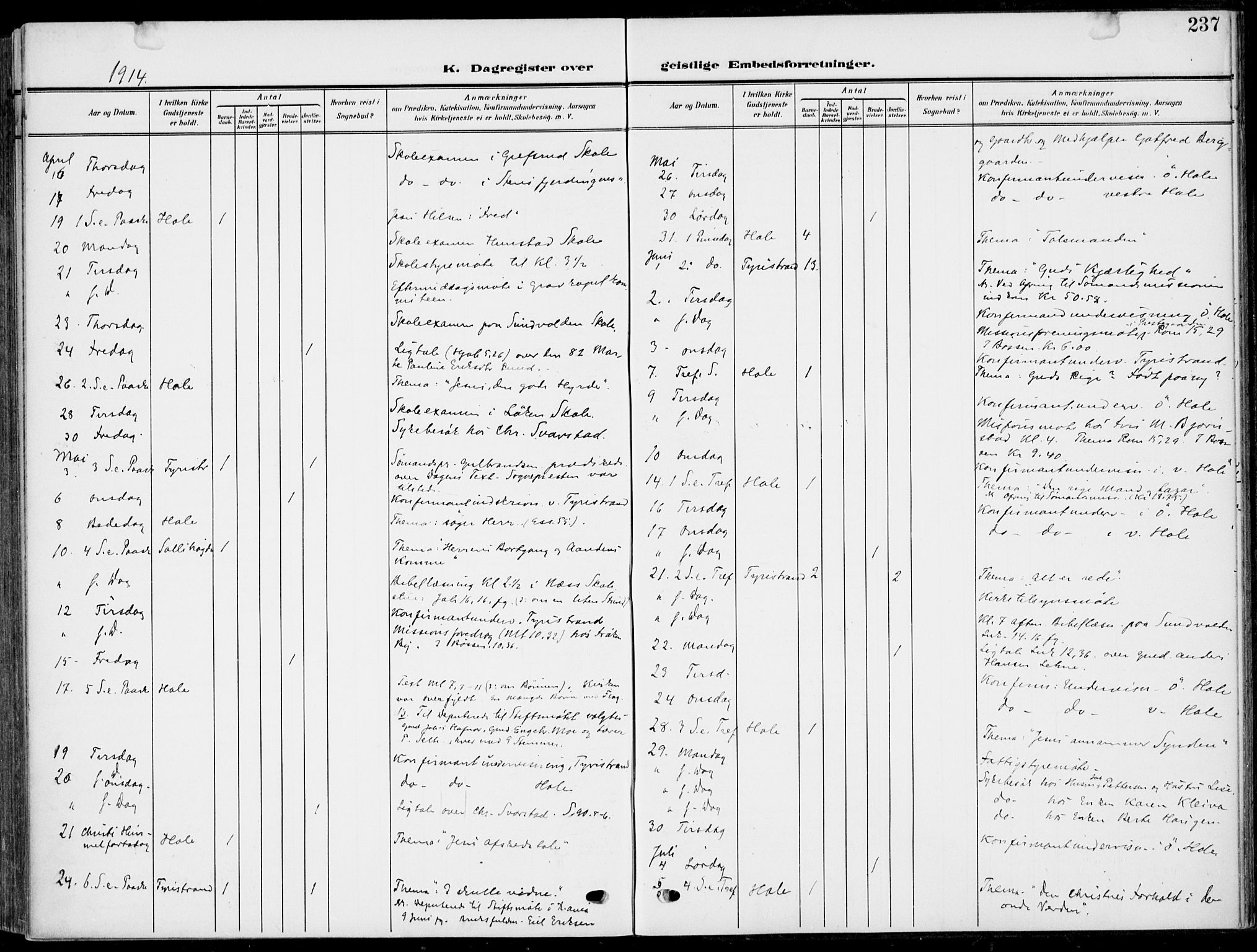 Hole kirkebøker, AV/SAKO-A-228/F/Fa/L0010: Parish register (official) no. I 10, 1907-1917, p. 237