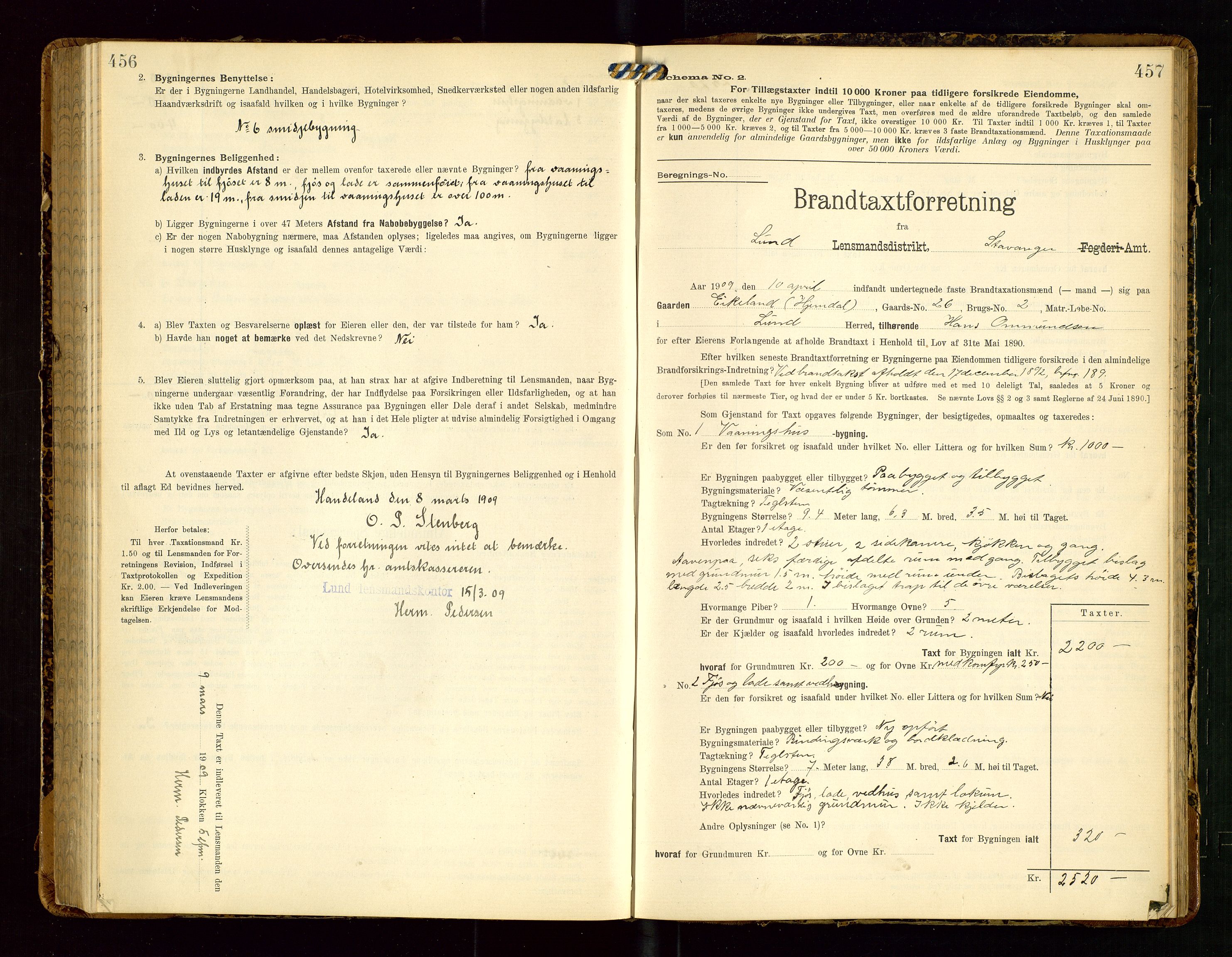 Lund lensmannskontor, SAST/A-100303/Gob/L0002: "Brandtakstprotokol", 1908-1918, p. 456-457