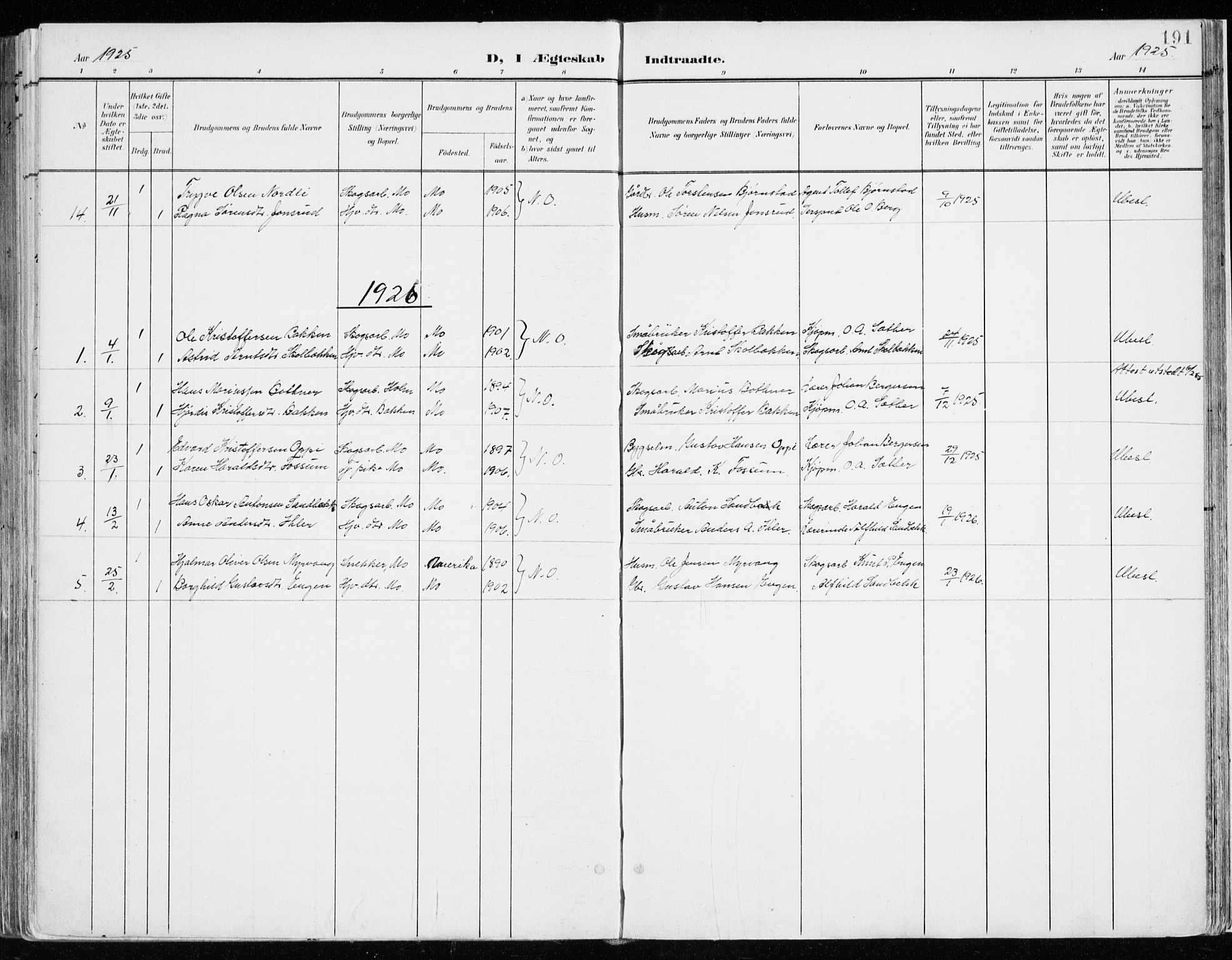 Nord-Odal prestekontor, SAH/PREST-032/H/Ha/Haa/L0009: Parish register (official) no. 9, 1902-1926, p. 191