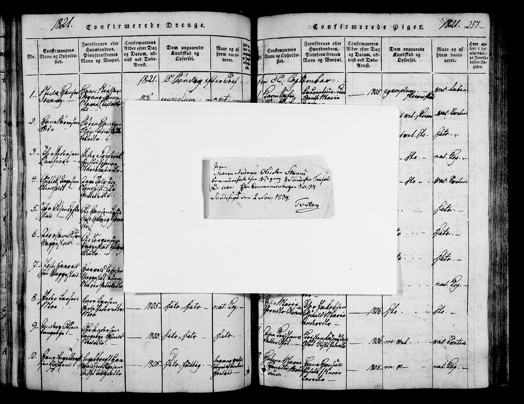 Sandar kirkebøker, SAKO/A-243/F/Fa/L0004: Parish register (official) no. 4, 1814-1832, p. 257