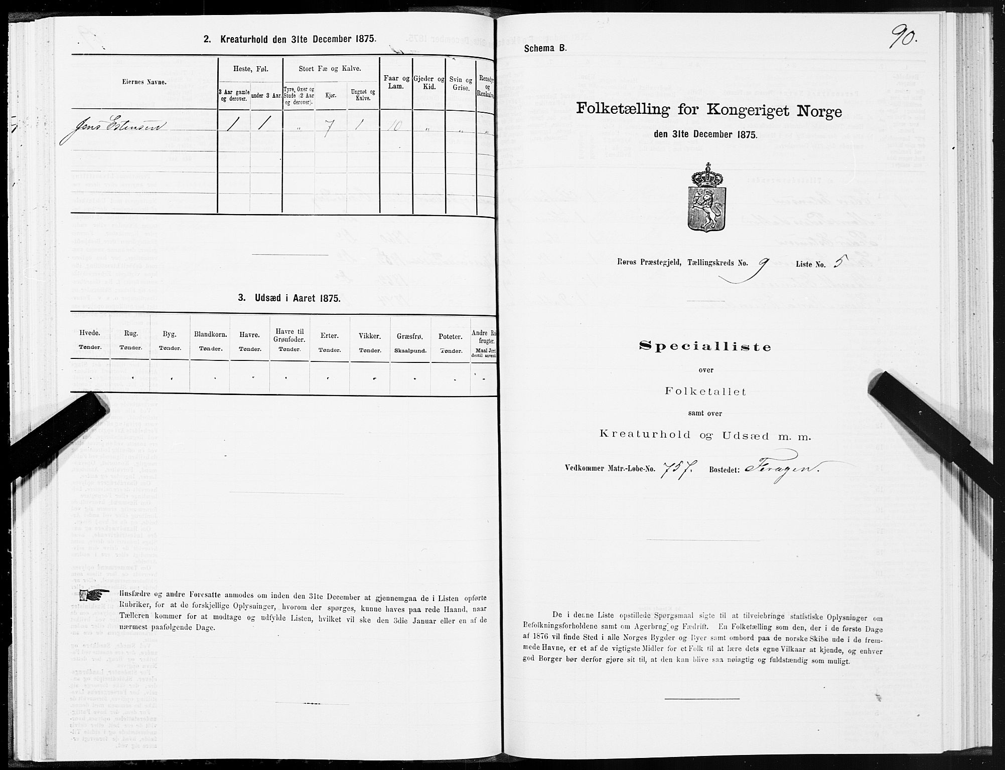 SAT, 1875 census for 1640P Røros, 1875, p. 5090