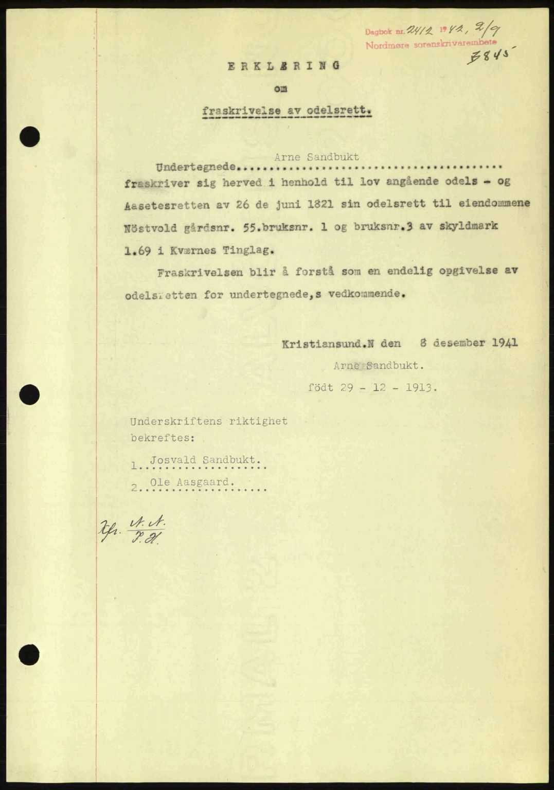 Nordmøre sorenskriveri, AV/SAT-A-4132/1/2/2Ca: Mortgage book no. B89, 1942-1942, Diary no: : 2412/1942