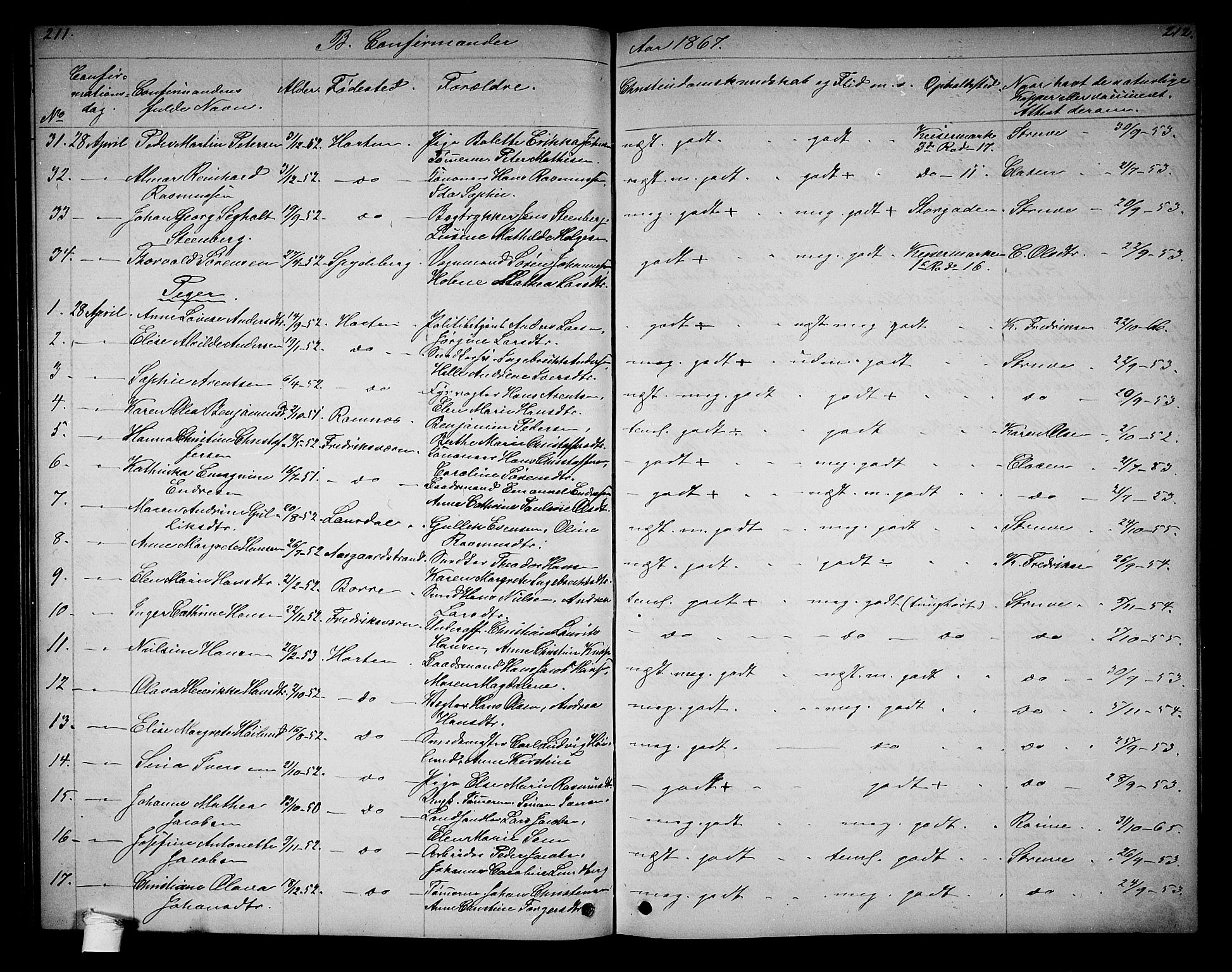Horten kirkebøker, SAKO/A-348/G/Ga/L0002: Parish register (copy) no. 2, 1864-1871, p. 211-212