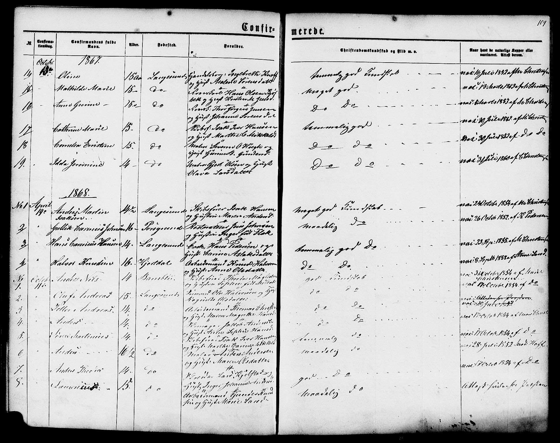 Langesund kirkebøker, SAKO/A-280/G/Ga/L0004: Parish register (copy) no. 4, 1859-1884, p. 109
