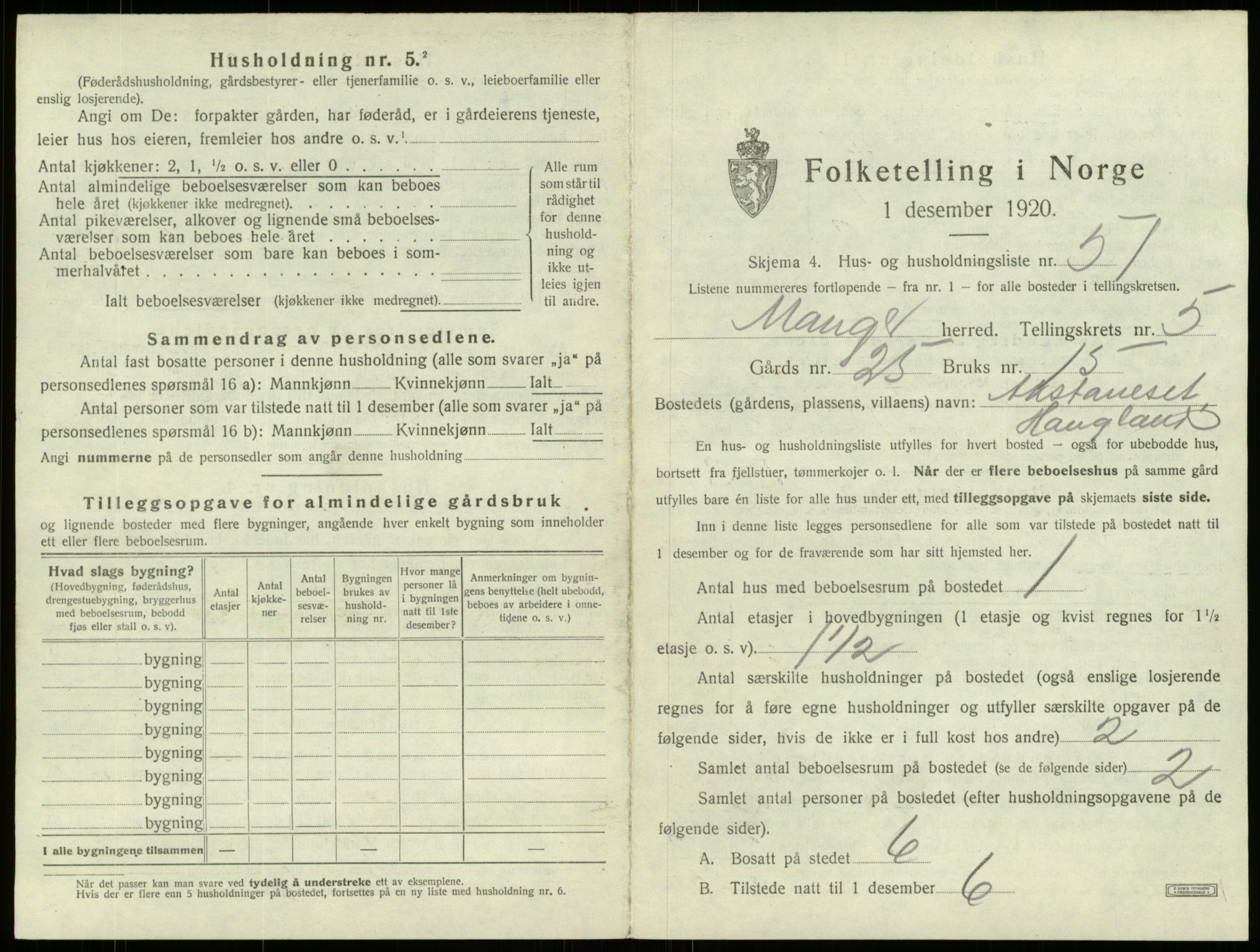 SAB, 1920 census for Manger, 1920, p. 440