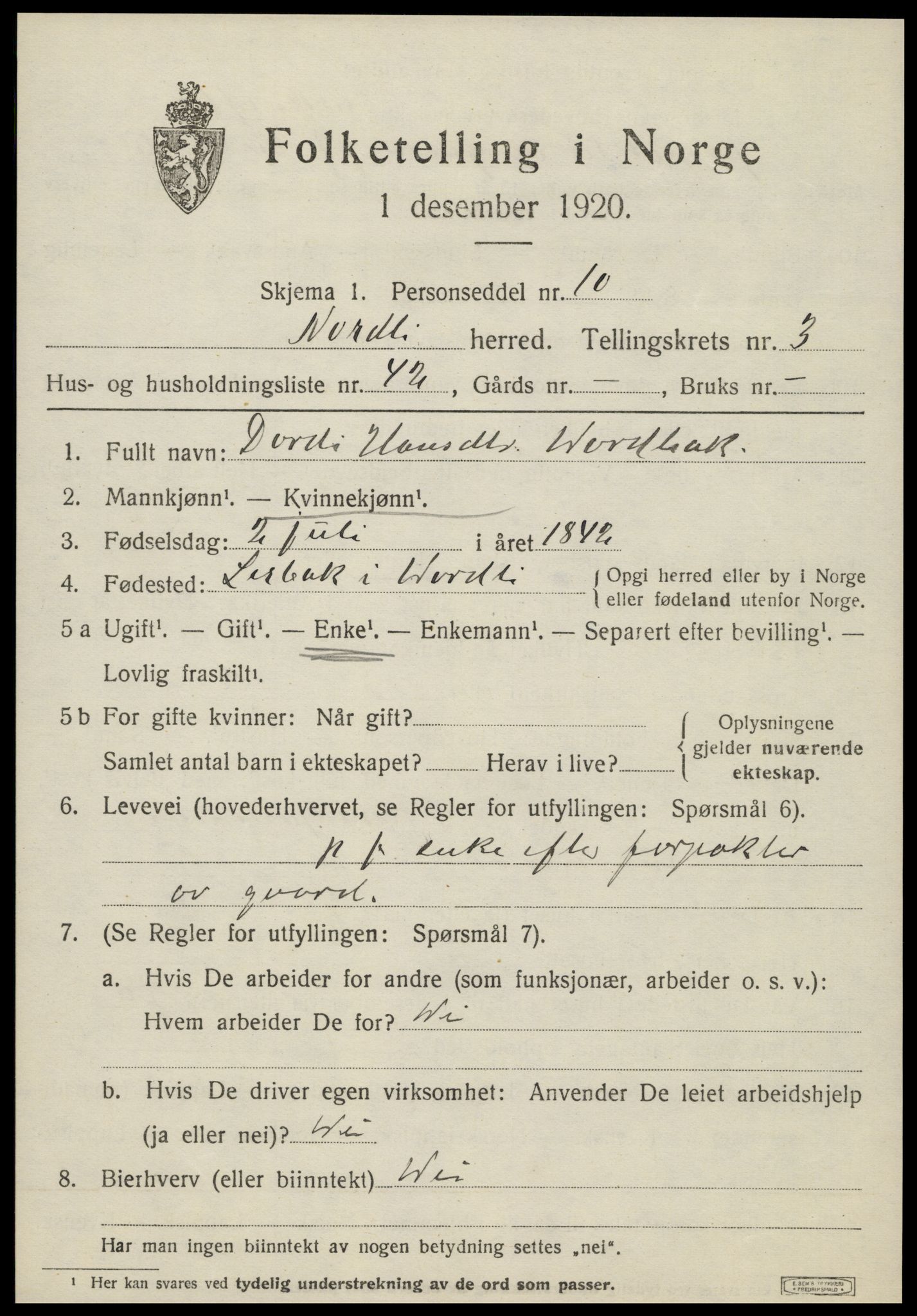 SAT, 1920 census for Nordli, 1920, p. 1827
