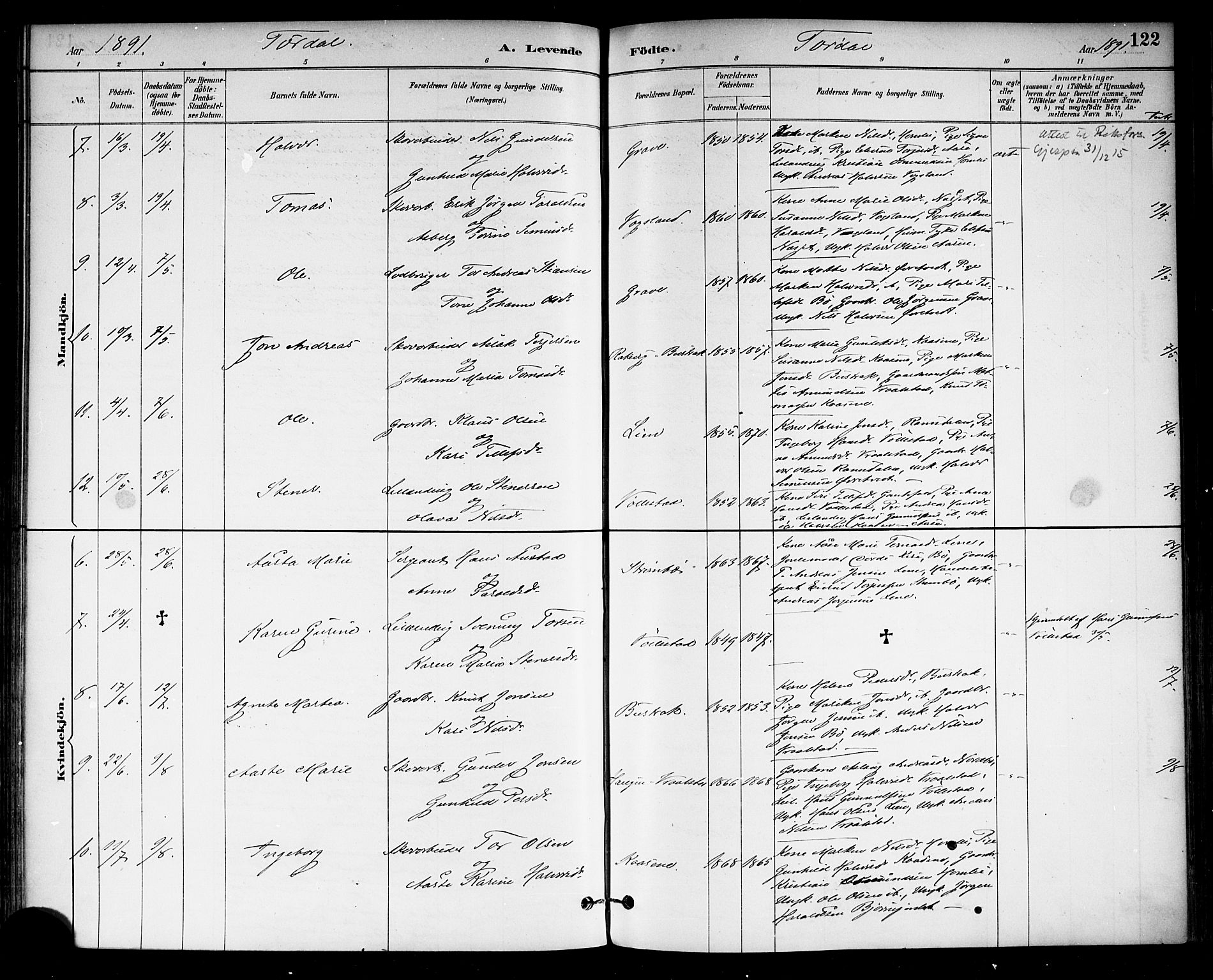 Drangedal kirkebøker, SAKO/A-258/F/Fa/L0010: Parish register (official) no. 10 /2, 1885-1894, p. 122