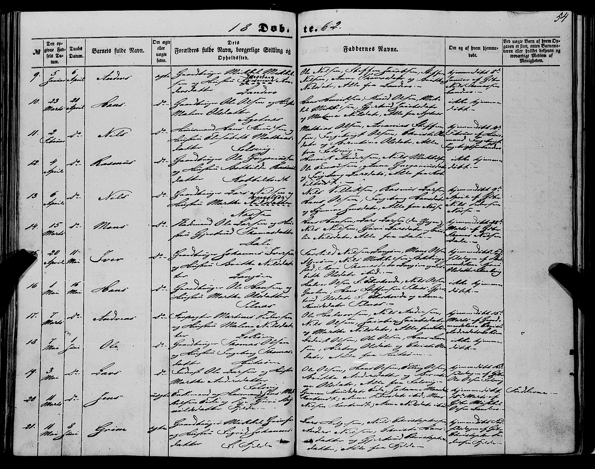 Fjell sokneprestembete, SAB/A-75301/H/Haa: Parish register (official) no. A 2, 1847-1864, p. 54