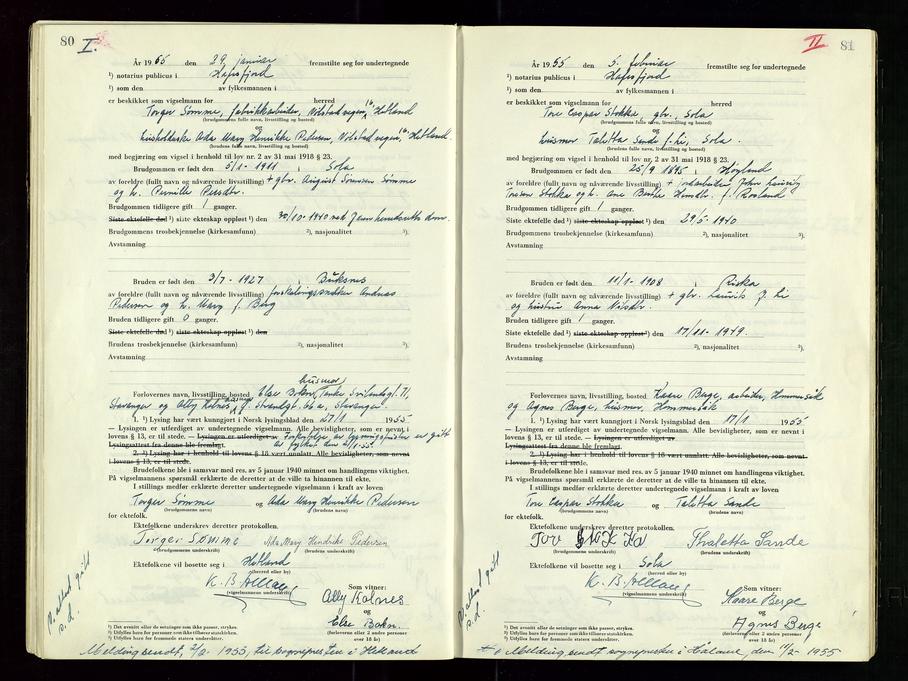 Hafrsfjord sorenskriveri, AV/SAST-A-100313/I/Ic/L0001: "Vigsels-bok", 1951-1959, p. 80-81