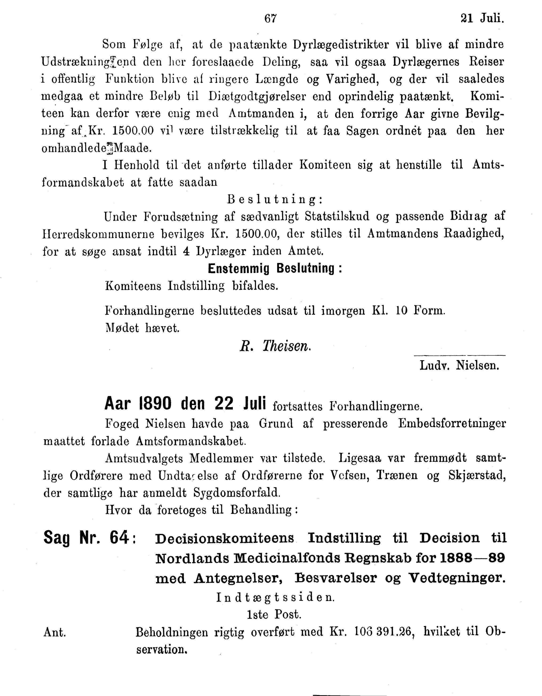 Nordland Fylkeskommune. Fylkestinget, AIN/NFK-17/176/A/Ac/L0015: Fylkestingsforhandlinger 1886-1890, 1886-1890, p. 67