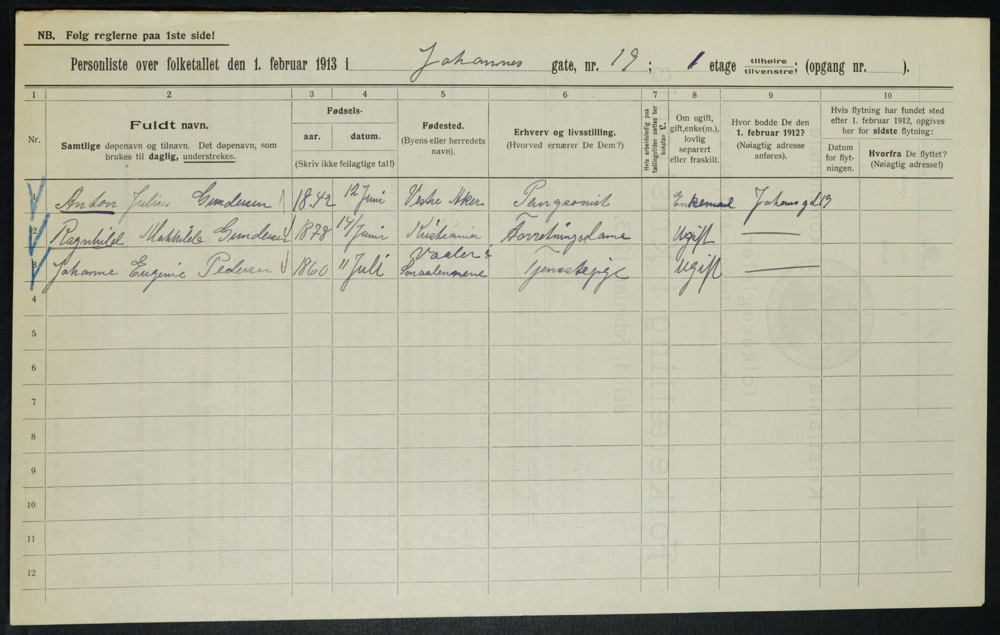 OBA, Municipal Census 1913 for Kristiania, 1913, p. 47076