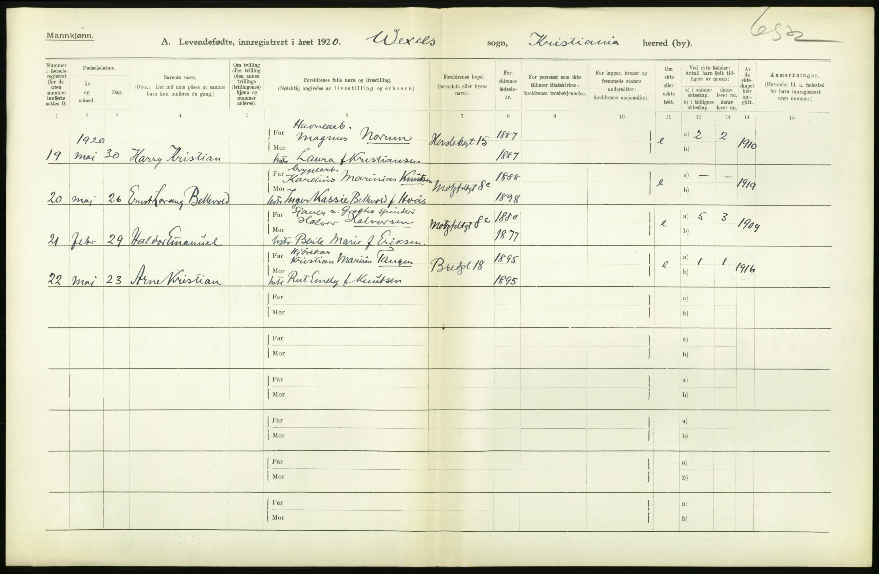 Statistisk sentralbyrå, Sosiodemografiske emner, Befolkning, AV/RA-S-2228/D/Df/Dfb/Dfbj/L0008: Kristiania: Levendefødte menn og kvinner., 1920, p. 292