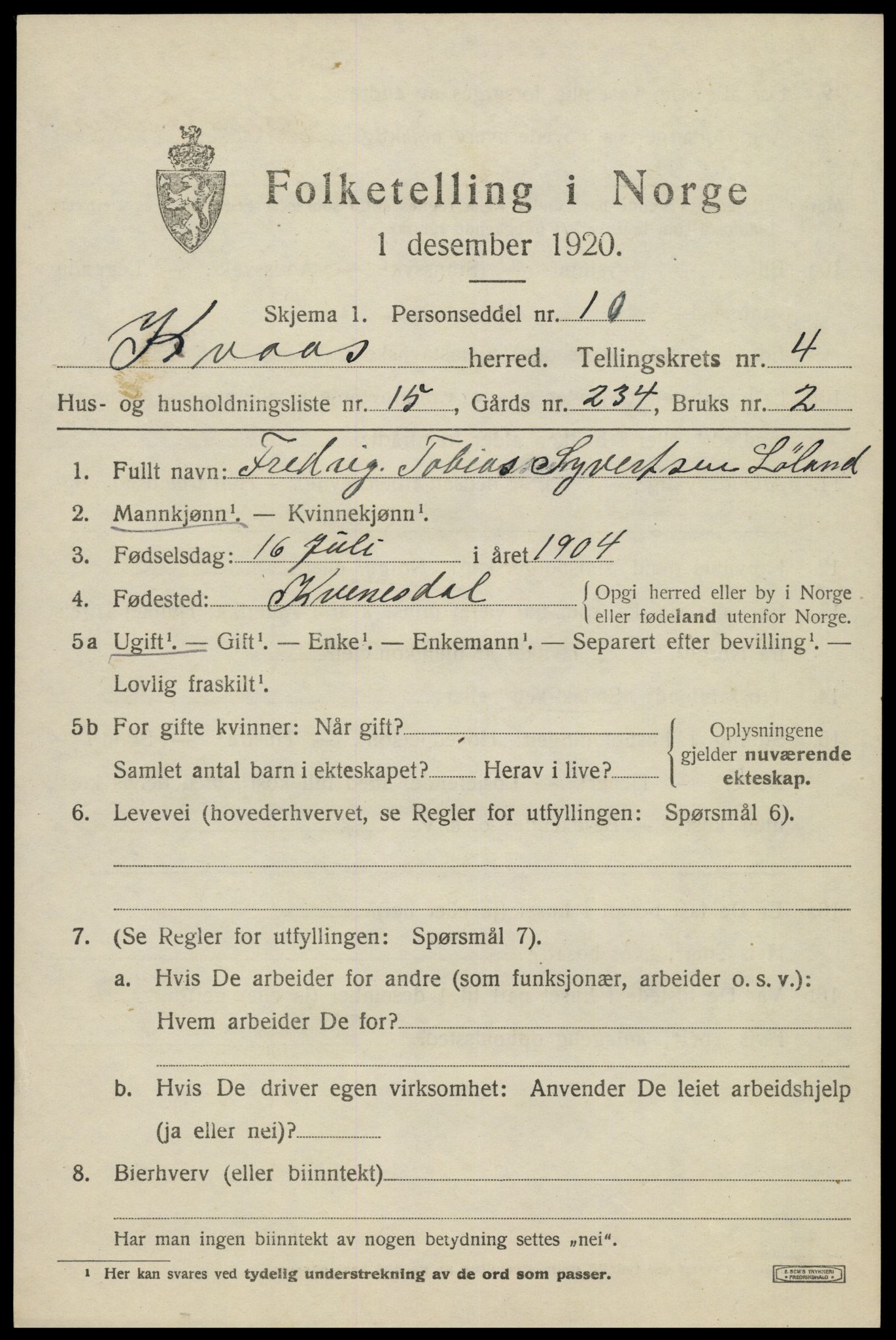 SAK, 1920 census for Kvås, 1920, p. 1286