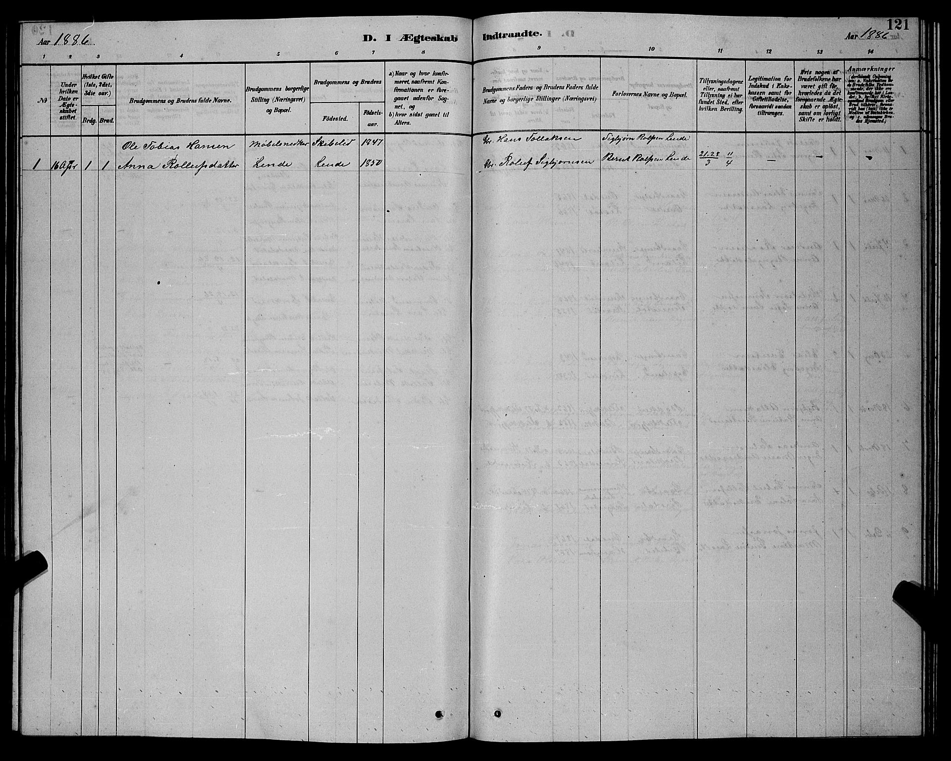 Bakke sokneprestkontor, SAK/1111-0002/F/Fb/Fba/L0002: Parish register (copy) no. B 2, 1879-1893, p. 121