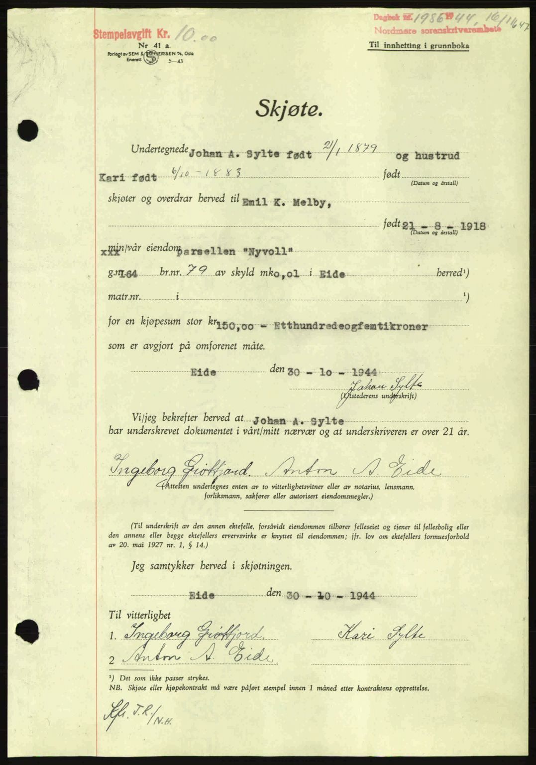 Nordmøre sorenskriveri, AV/SAT-A-4132/1/2/2Ca: Mortgage book no. A98, 1944-1944, Diary no: : 1986/1944