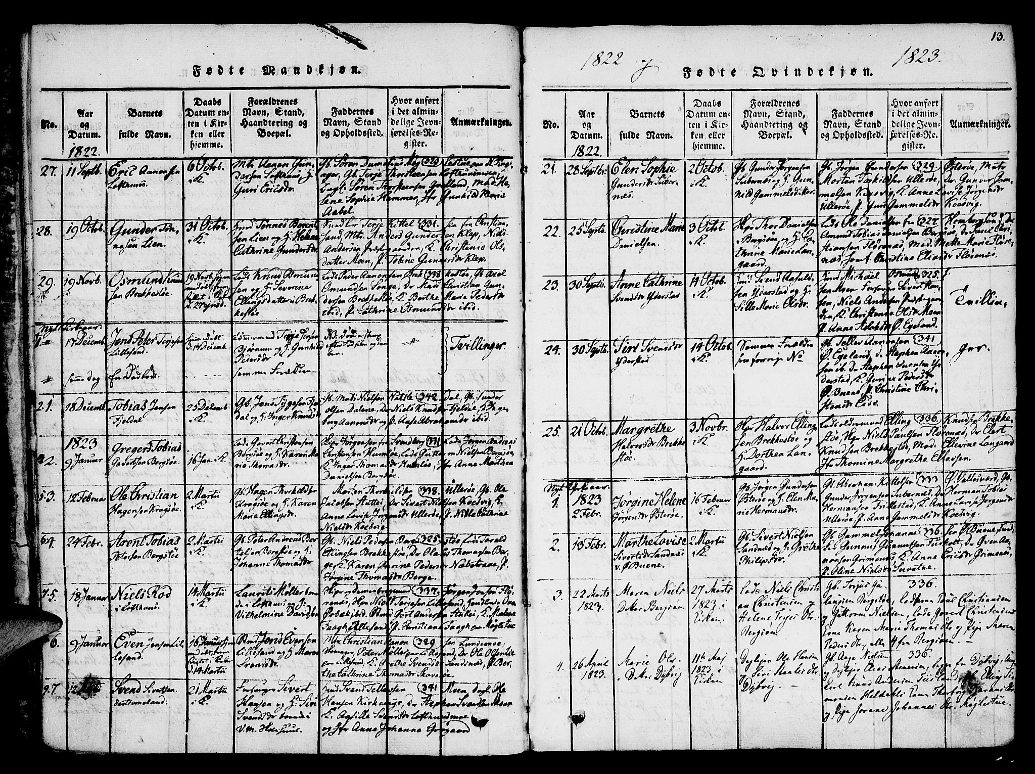 Vestre Moland sokneprestkontor, SAK/1111-0046/F/Fa/Fab/L0003: Parish register (official) no. A 3, 1816-1843, p. 13