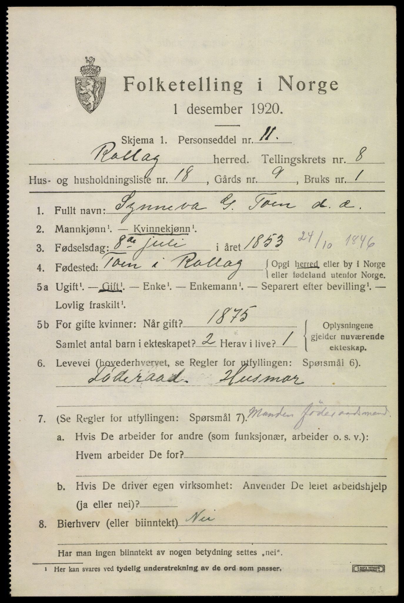 SAKO, 1920 census for Rollag, 1920, p. 3136