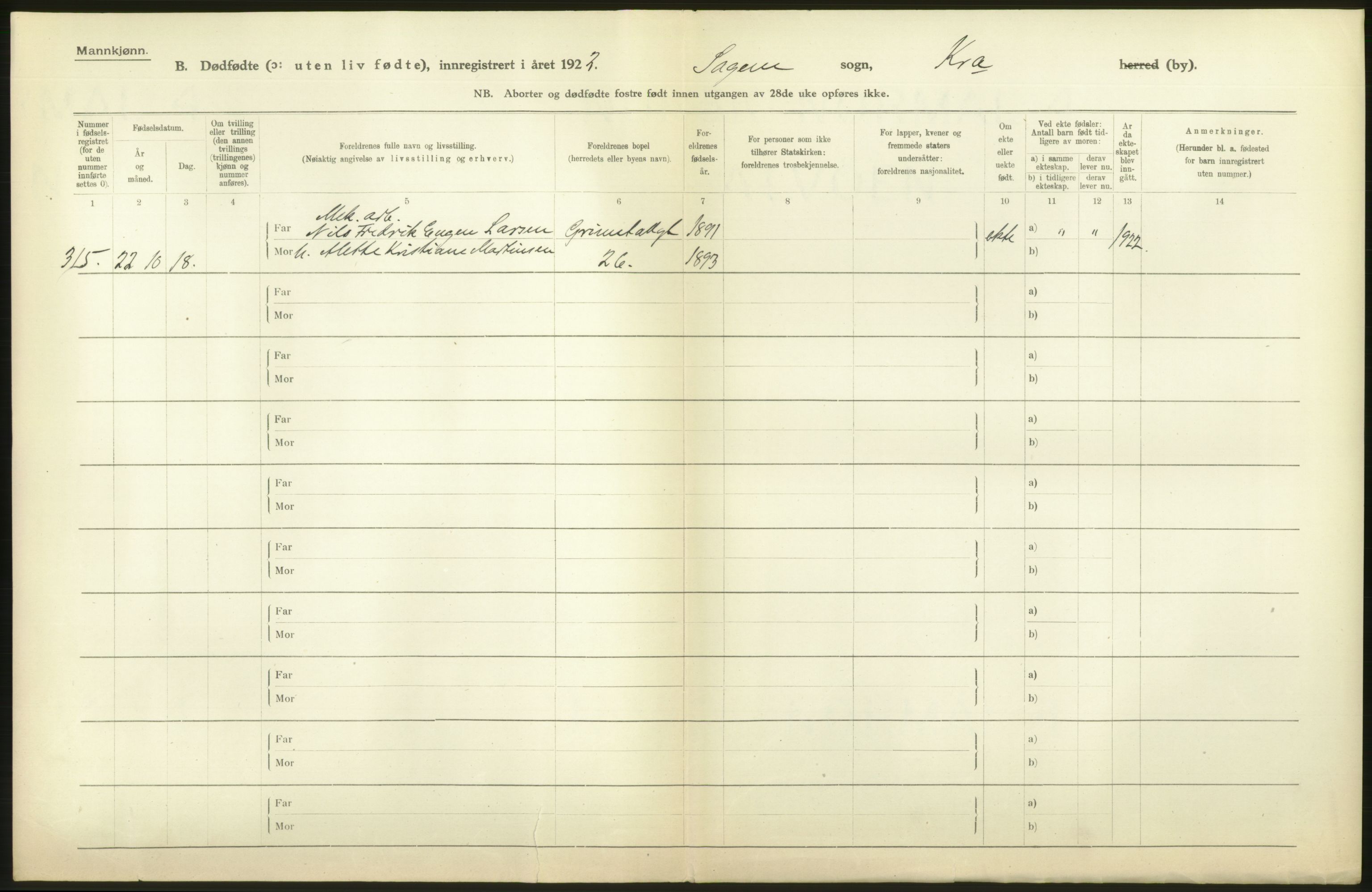 Statistisk sentralbyrå, Sosiodemografiske emner, Befolkning, AV/RA-S-2228/D/Df/Dfc/Dfcb/L0010: Kristiania: Døde, dødfødte, 1922, p. 22