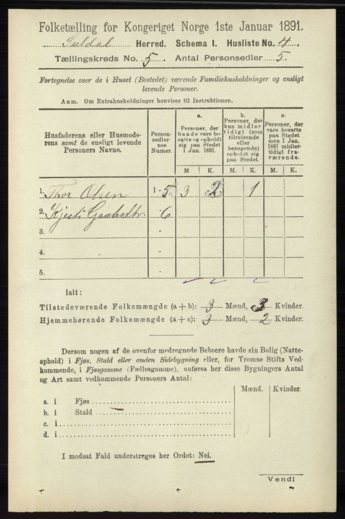 RA, 1891 census for 1134 Suldal, 1891, p. 1447