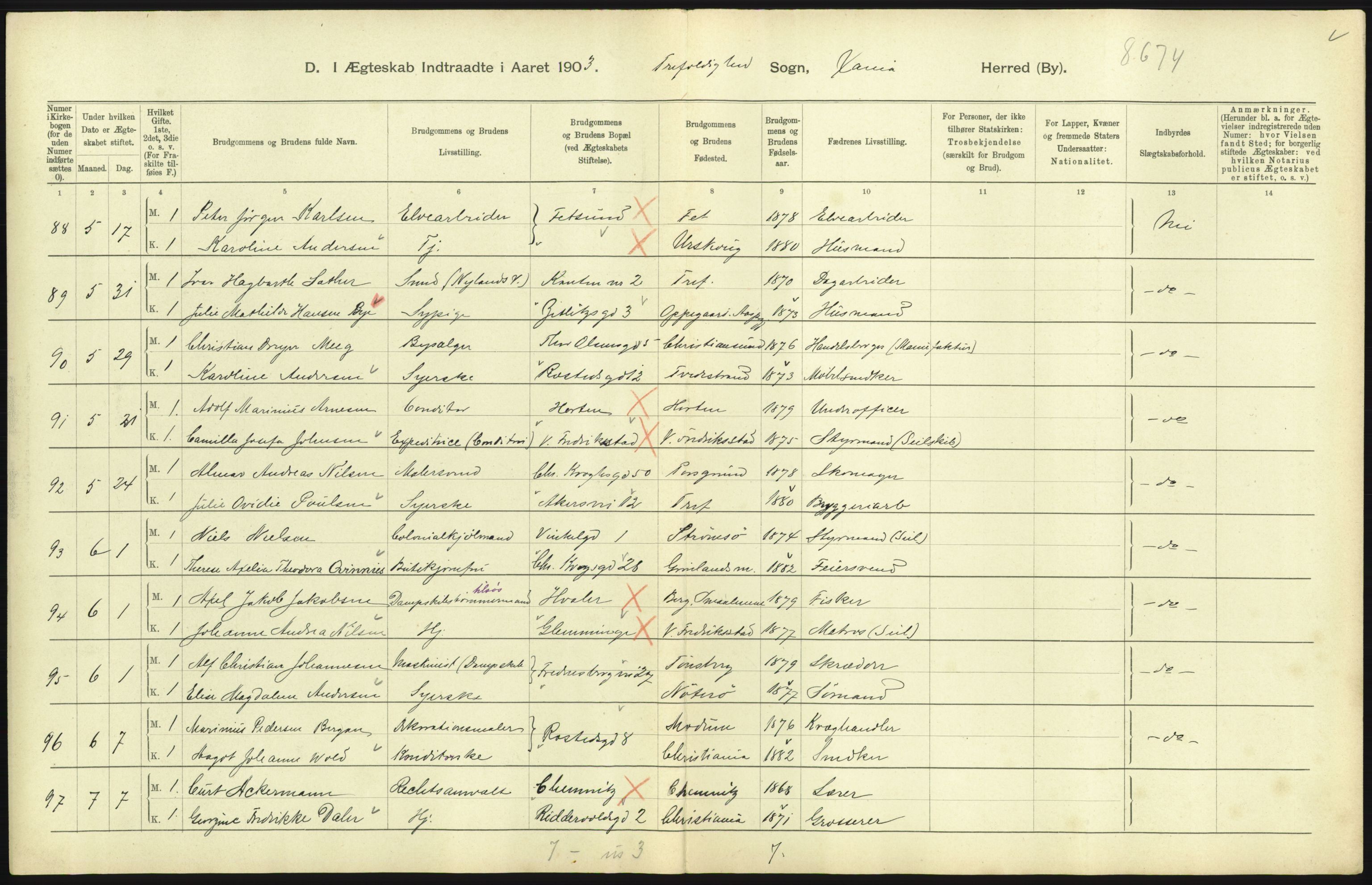 Statistisk sentralbyrå, Sosiodemografiske emner, Befolkning, AV/RA-S-2228/D/Df/Dfa/Dfaa/L0004: Kristiania: Gifte, døde, 1903, p. 603