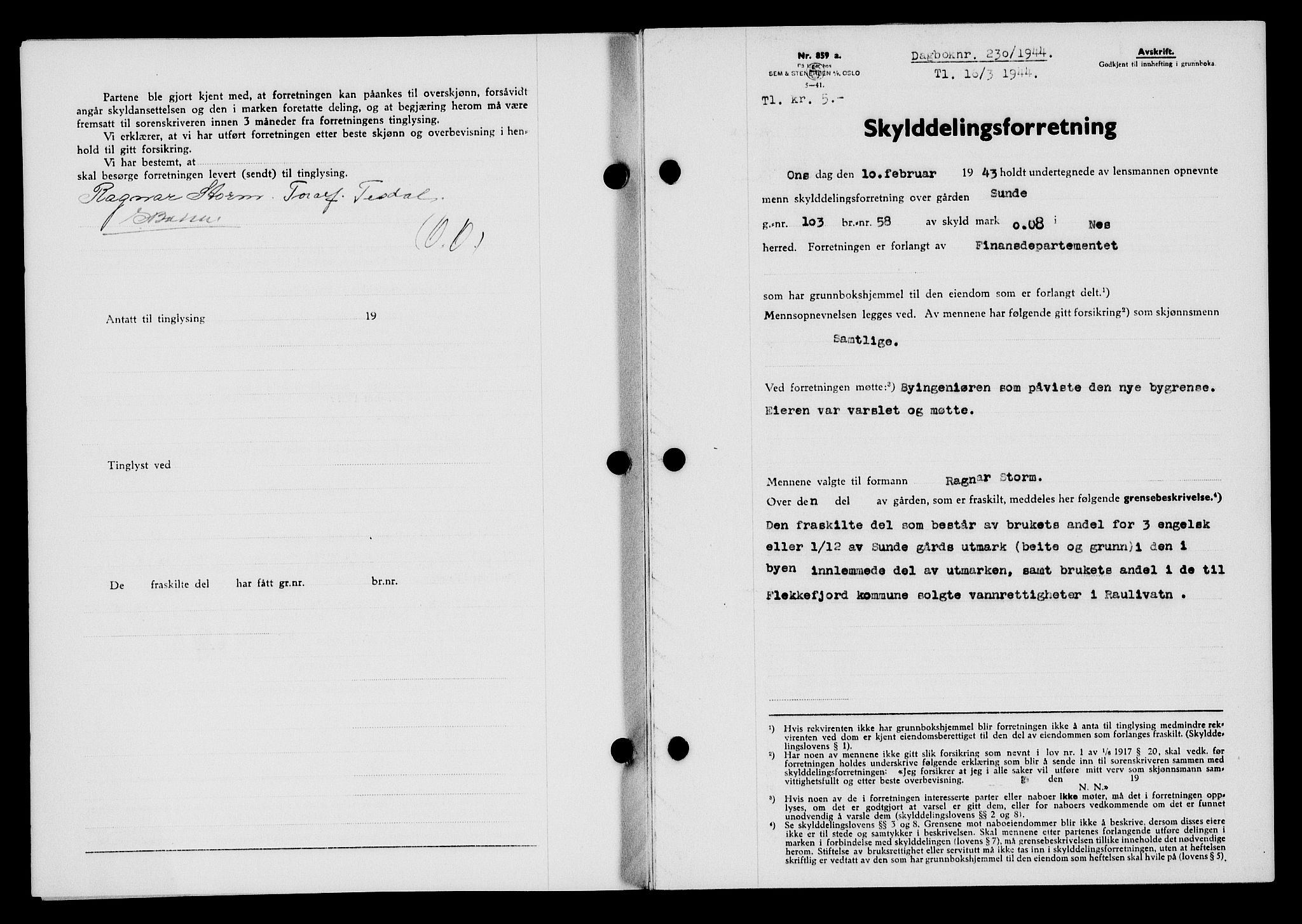 Flekkefjord sorenskriveri, SAK/1221-0001/G/Gb/Gba/L0059: Mortgage book no. A-7, 1944-1945, Diary no: : 230/1944
