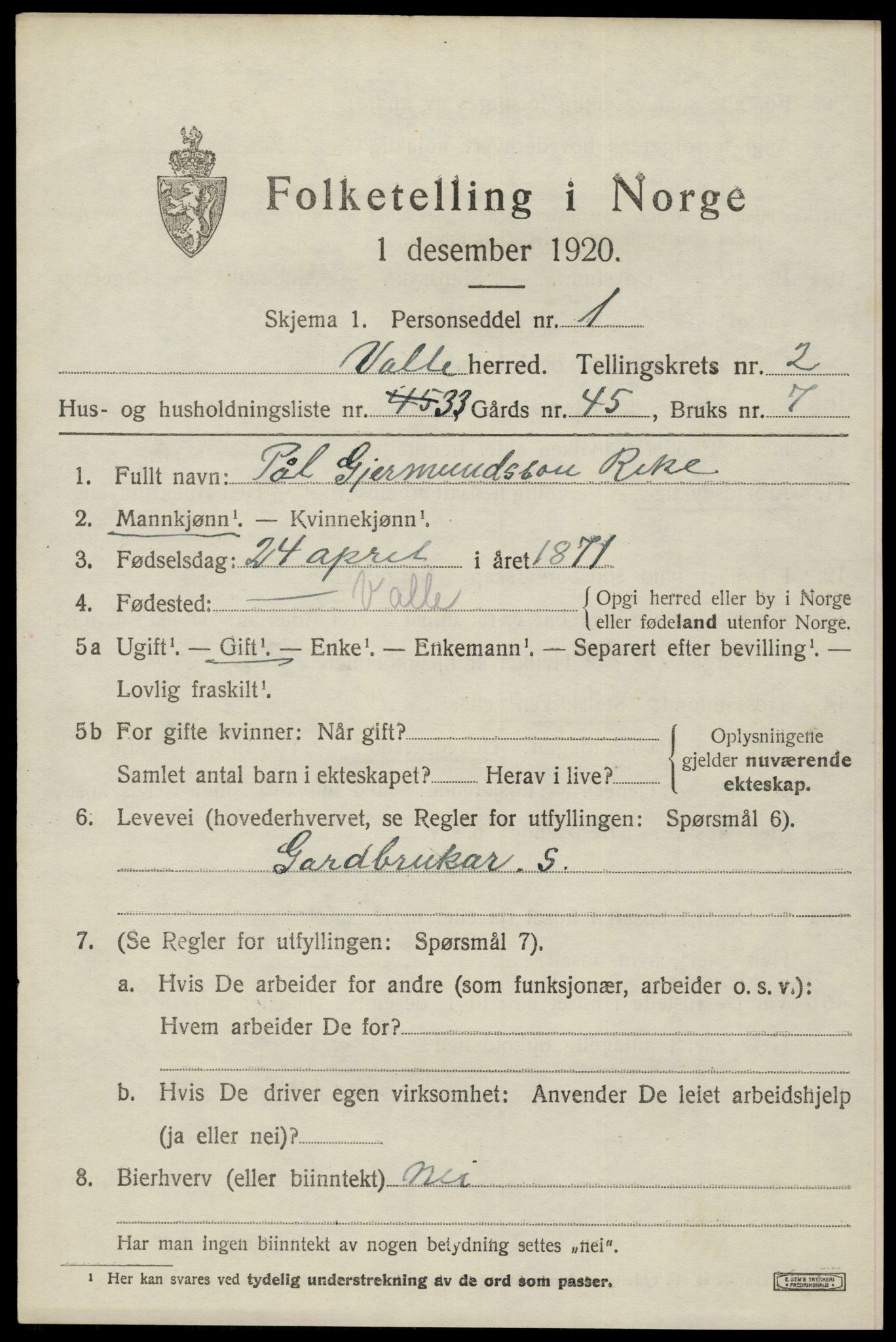 SAK, 1920 census for Valle, 1920, p. 1291