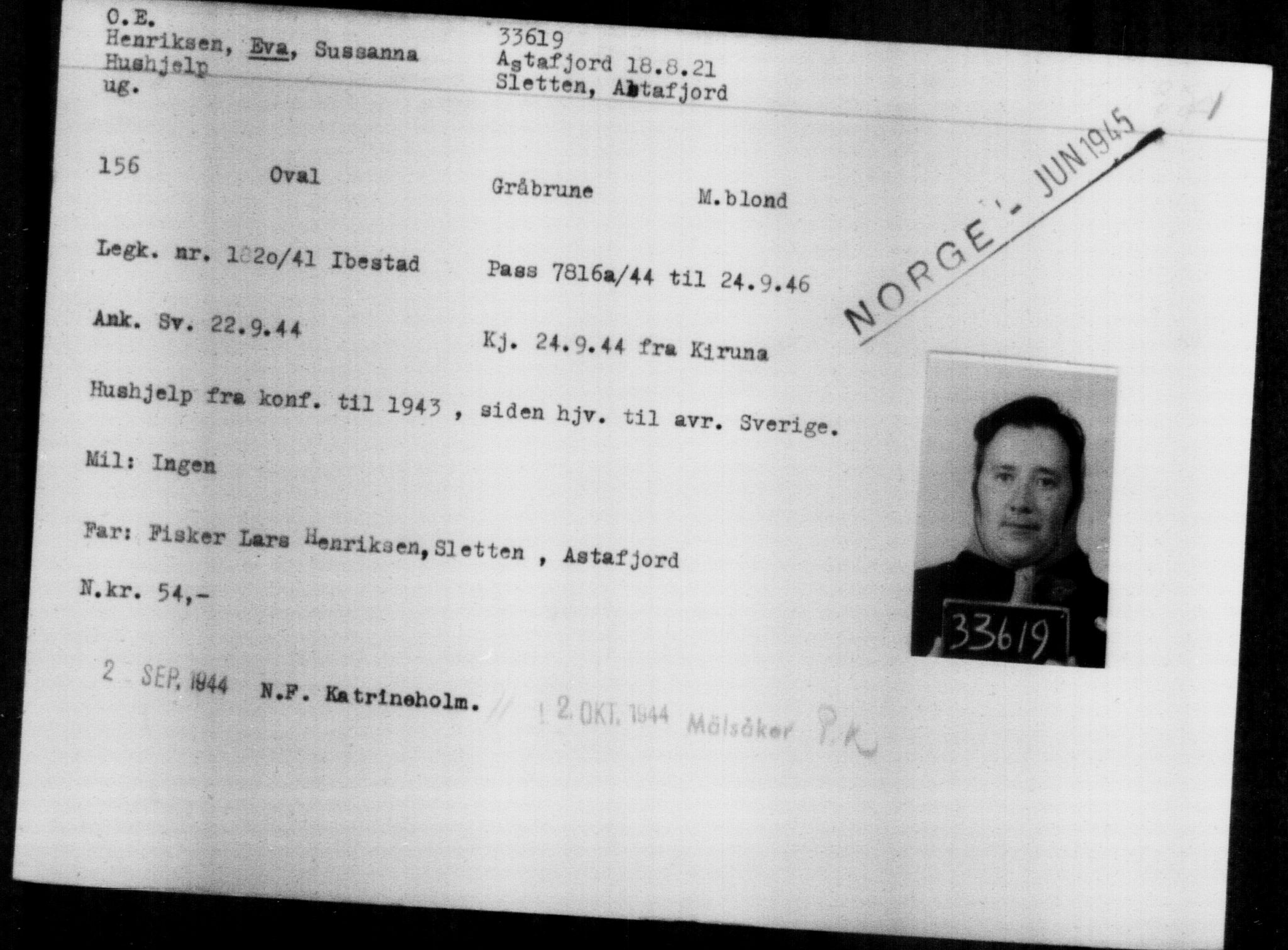 Utenriksstasjonene, Legasjonen i Stockholm, Flyktningkontoret, AV/RA-S-6753/V/Va/L0013: Kjesäterkartoteket, flyktninger med registreringsnr. 31500-34731, 1940-1945, p. 2237
