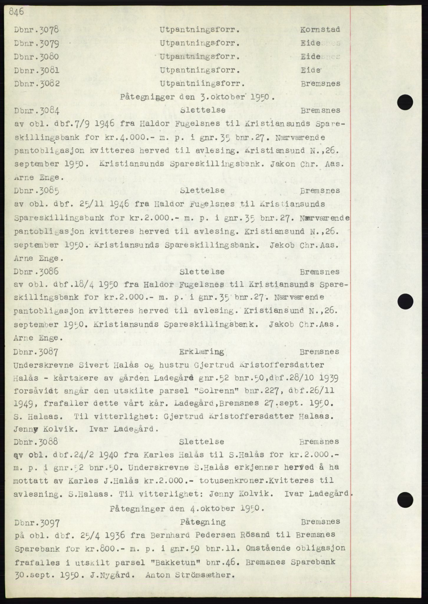 Nordmøre sorenskriveri, SAT/A-4132/1/2/2Ca: Mortgage book no. C82b, 1946-1951, Diary no: : 3084/1950