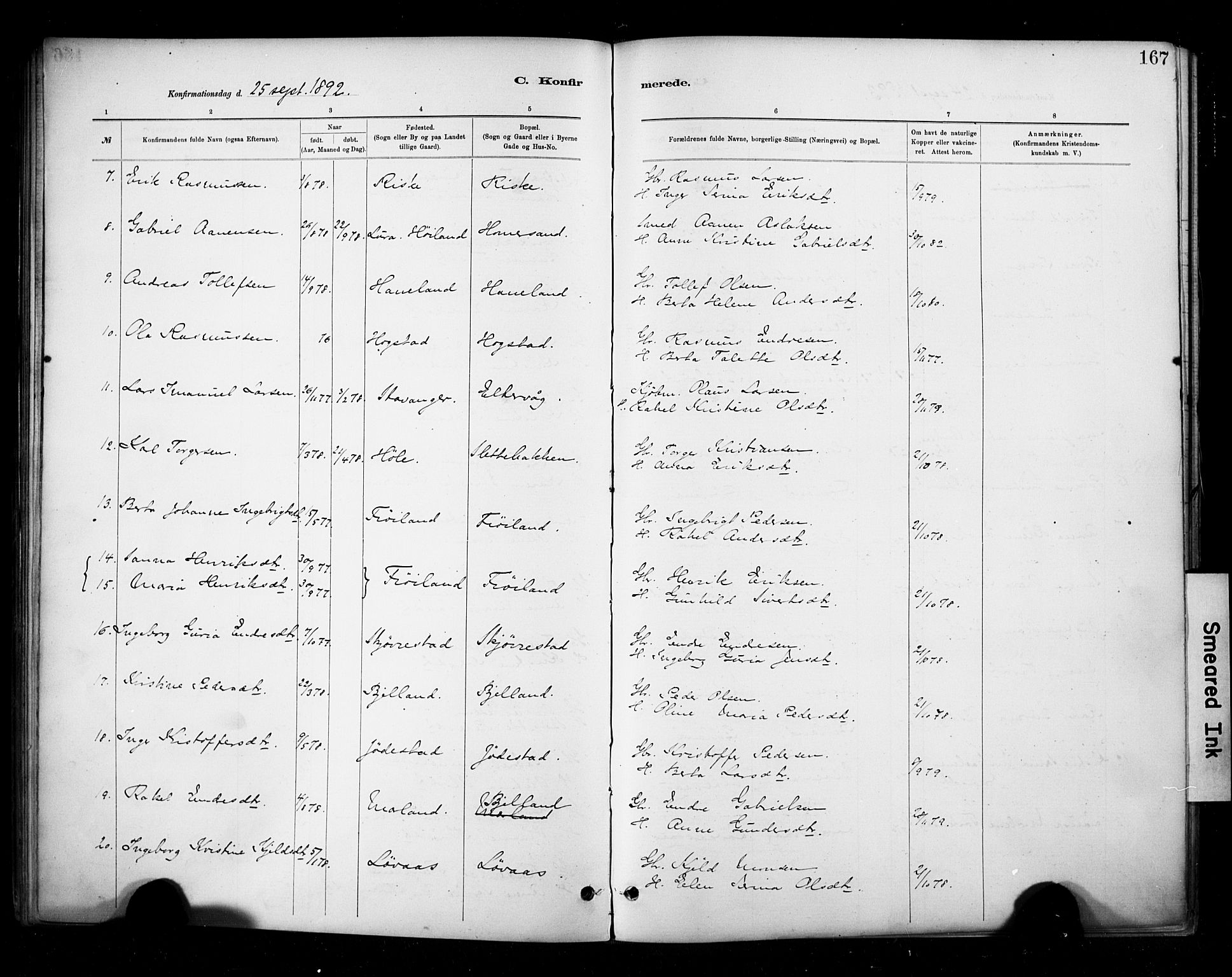 Hetland sokneprestkontor, SAST/A-101826/30/30BA/L0010: Parish register (official) no. A 10, 1882-1925, p. 167