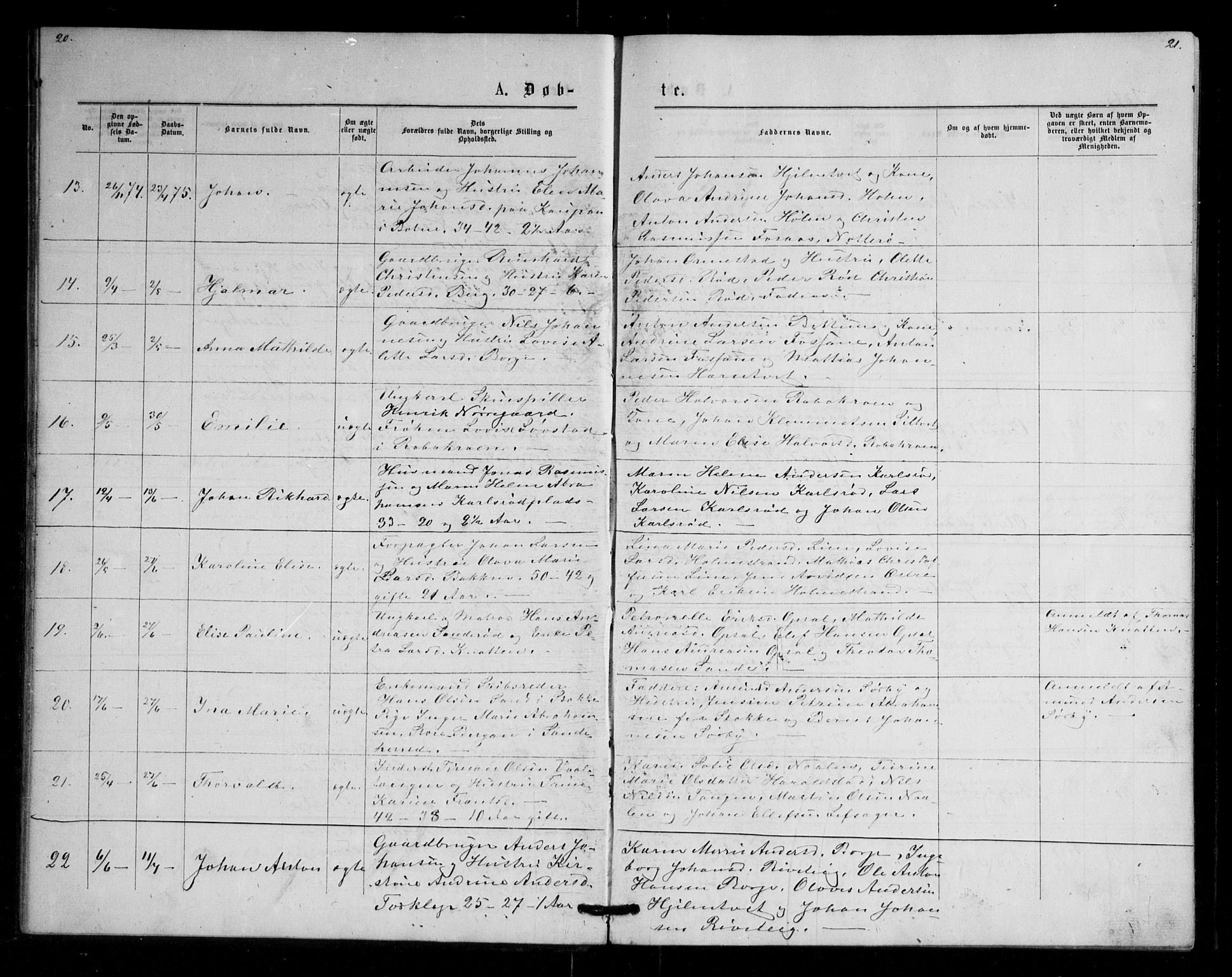 Våle kirkebøker, AV/SAKO-A-334/G/Ga/L0004a: Parish register (copy) no. I 4, 1874-1893, p. 20-21