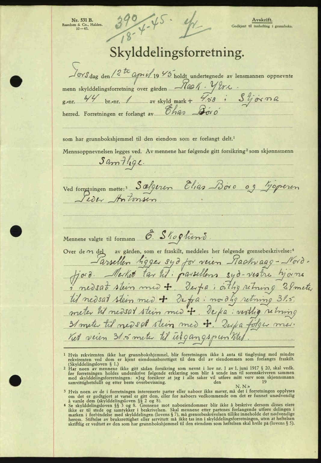 Fosen sorenskriveri, AV/SAT-A-1107/1/2/2C: Mortgage book no. A3, 1943-1945, Diary no: : 390/1945