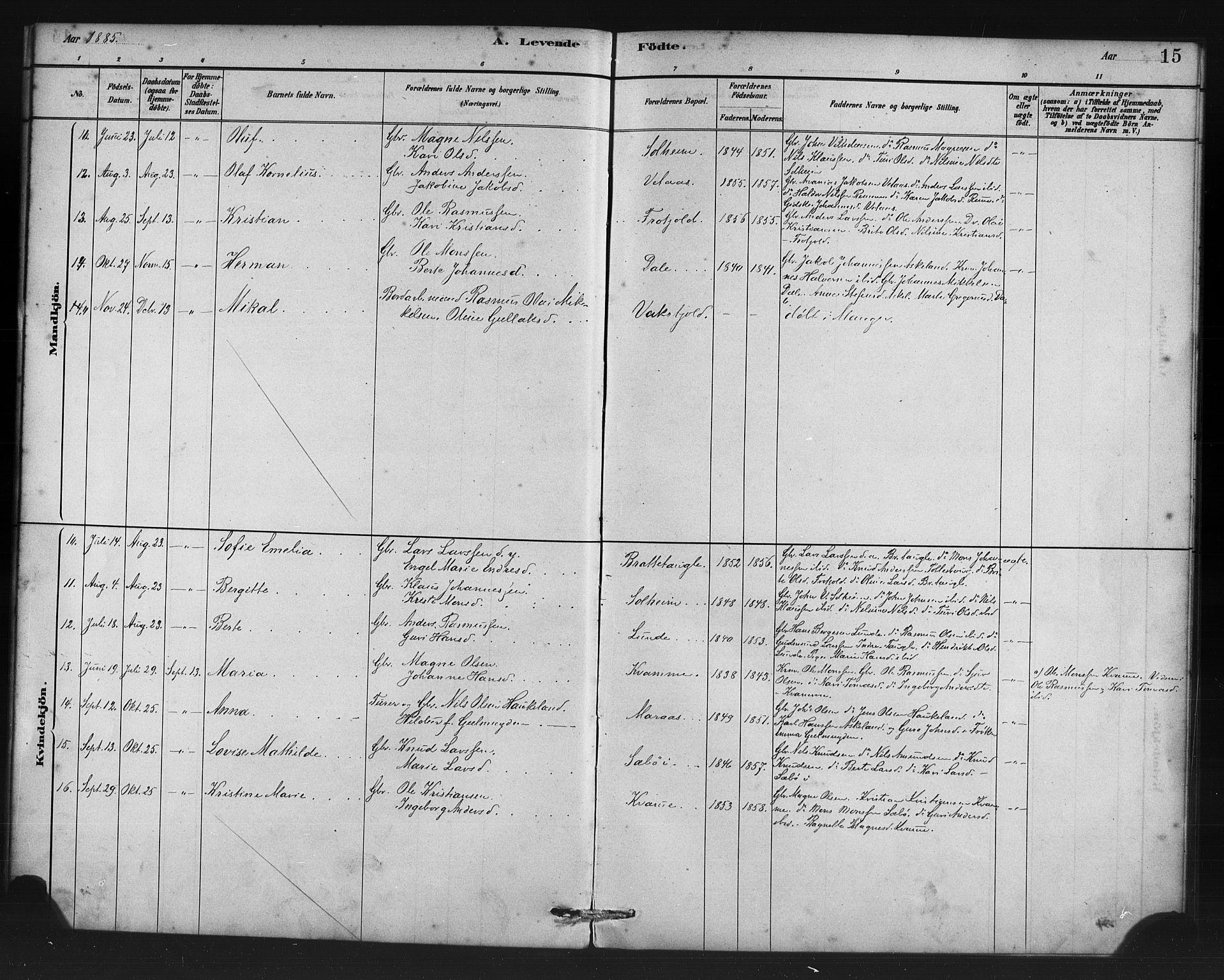 Manger sokneprestembete, AV/SAB-A-76801/H/Haa: Parish register (official) no. D 1, 1881-1892, p. 15