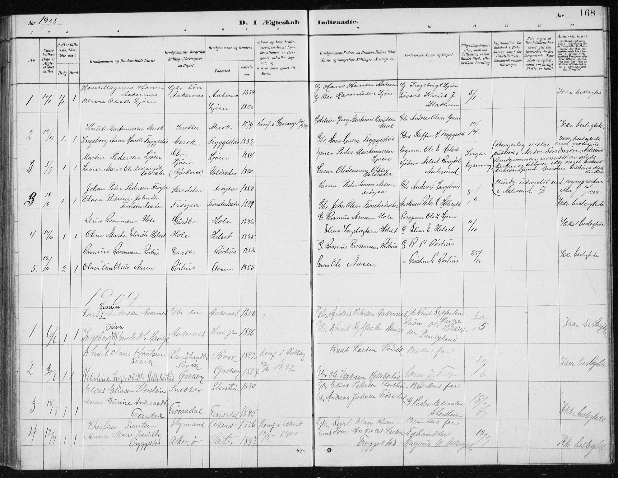 Ministerialprotokoller, klokkerbøker og fødselsregistre - Møre og Romsdal, SAT/A-1454/517/L0230: Parish register (copy) no. 517C03, 1879-1912, p. 168