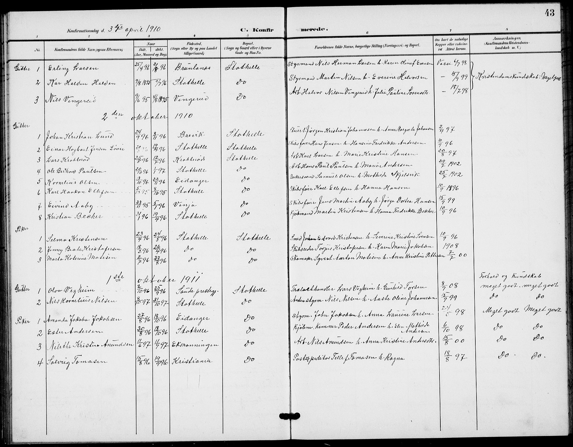 Bamble kirkebøker, AV/SAKO-A-253/G/Gb/L0002: Parish register (copy) no. II 2, 1900-1925, p. 43